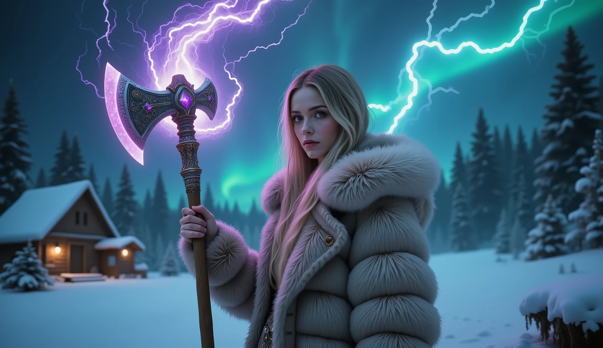 beautiful , Scandinavian girl, with beautiful appearance in, holds an incredibly beautiful ax against the background of snow and a raging storm near the village, masterpiece, Better quality, high quality, complex parts, clearly, fantasy style style, fantasy style, magic, magic, cinematic style, ultra high resolution, Better quality, propaganda, passionate, attractive, epic, cool , goddess, fur coats, she feels like the mistress of the world, magic, magic, fantasy style, raging lightning and energy in the sky, , the background impresses with its design, in her image, you can feel the strength and power, beautiful girl,