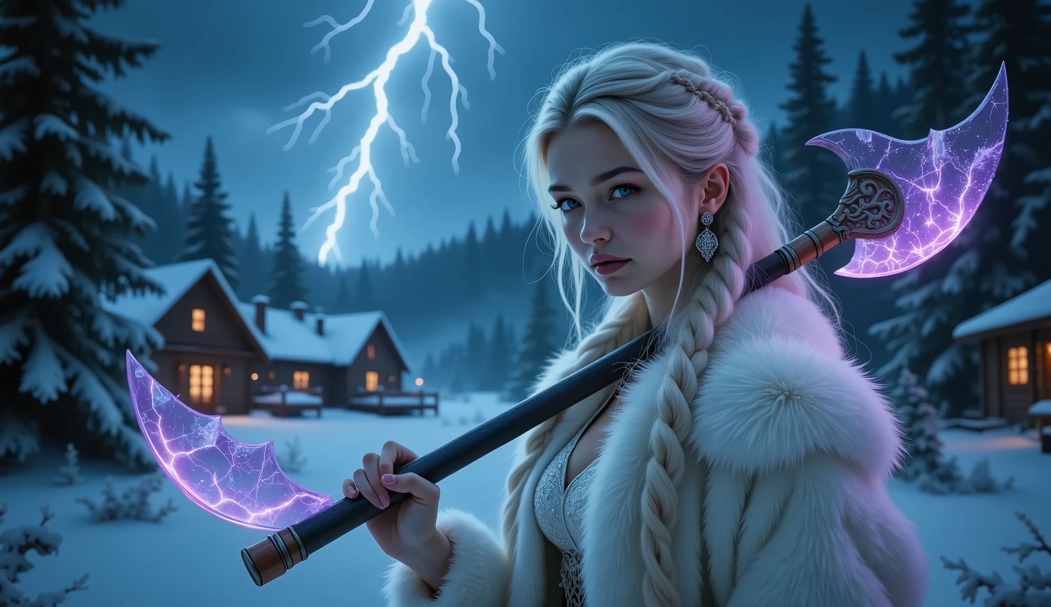 beautiful , Scandinavian girl, with beautiful appearance in, holds an incredibly beautiful ax against the background of snow and a raging storm near the village, masterpiece, Better quality, high quality, complex parts, clearly, fantasy style style, fantasy style, magic, magic, cinematic style, ultra high resolution, Better quality, propaganda, passionate, attractive, epic, cool , goddess, fur coats, she feels like the mistress of the world, magic, magic, fantasy style, raging lightning and energy in the sky, , the background impresses with its design, in her image, you can feel the strength and power, beautiful girl,