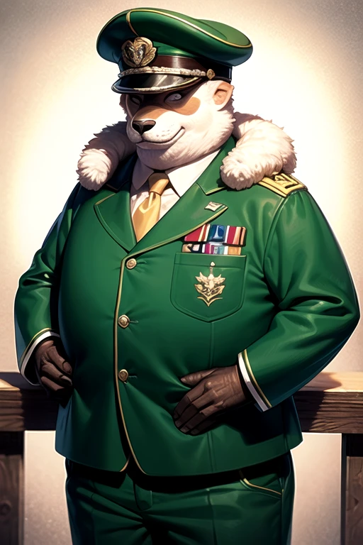 A white wolf orc，male，blue pupils，Wearing black military uniform，Face serious，looking at the audience，Put your hands in your pockets，