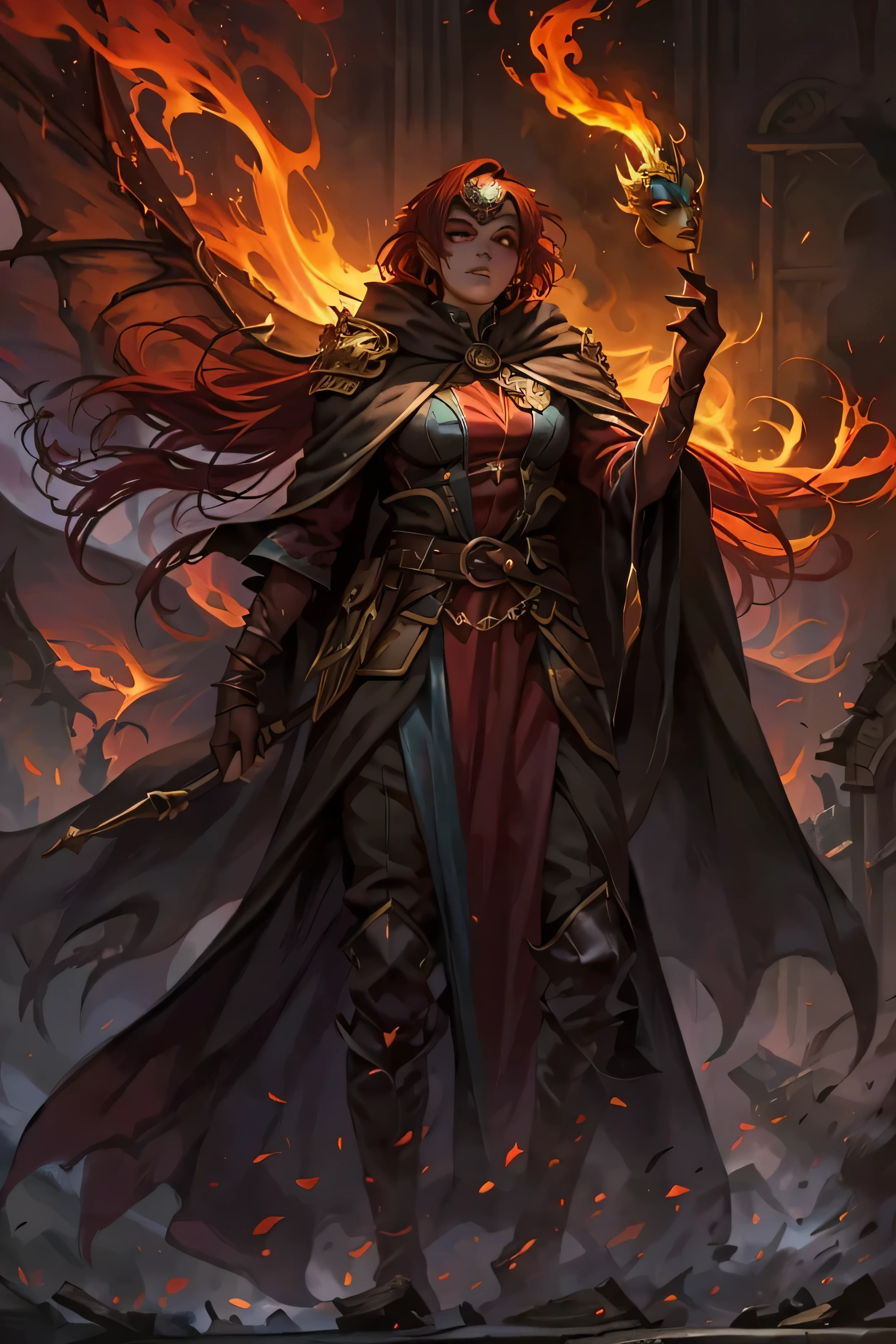 fantasy dnd character, female, scourge assimar, gold dragon scales, glowing eyes, masquerade mask, red hair streaks, flaming staff, cloak, fantasy outfit, robes, circus, blond hair, wings, chaotic neutral, long hair, cloak, burnt mask, mysterious, dark colored clothes, somber mood, half burnt mask