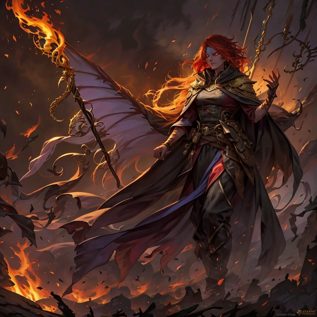 fantasy dnd character, female, scourge assimar, gold dragon scales, glowing eyes, masquerade mask, red hair streaks, flaming staff, cloak, fantasy outfit, robes, circus, blond hair, wings, chaotic neutral, long hair, cloak, burnt mask, mysterious, dark colored clothes, somber mood, half burnt mask, half body