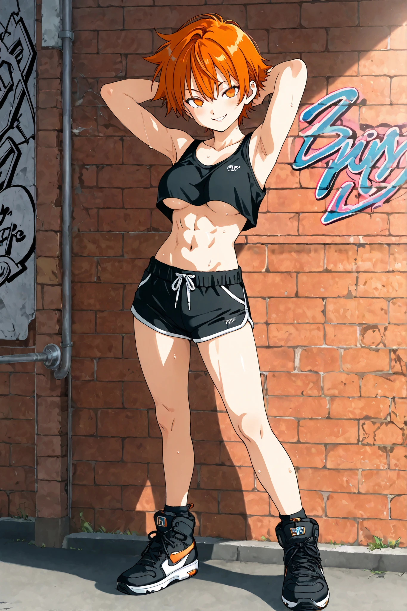 1 girl, orange hair, short hair, tousled hair, tomboy, orange eyes, no pupils, make-up, blue eye shadow, black sporty crop top, underboobs, armpits, sweat, bare belly, black short sporty shorts, original style, anime screencap, seductive smile,general plan, full body, seductive pose, brick wall with graffiti, absurdres, high quality, ultra detailed, masterpiece, ray tracing, volumetric light, ultra-detailed, cinematic lighting, vibrant colors, abs
