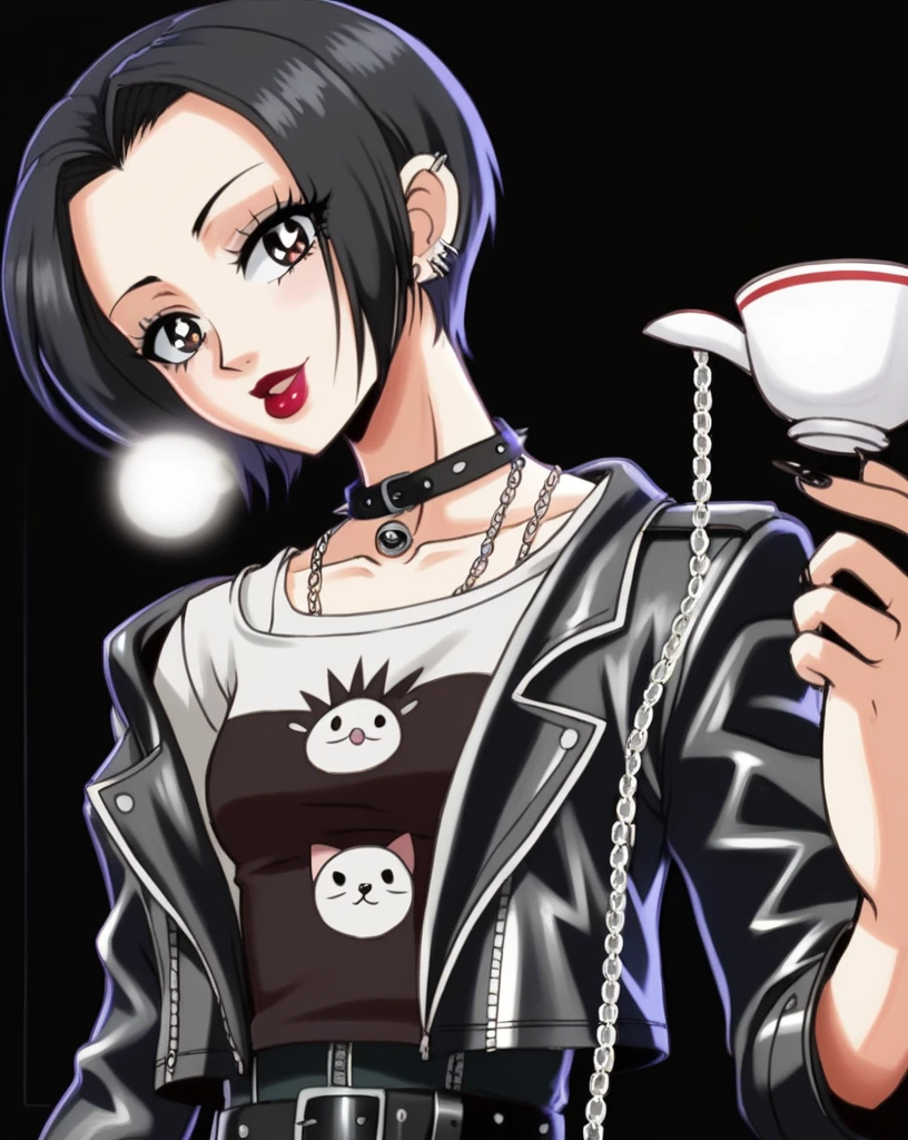 <lora:EPinKagumeSDXL:1> epinkagome, score_9, score_8_up, score_7_up, 1girl, goth, black leather jacket, pale skin, purple eyes, grin, looking at viewer, one arm up, waving, black tank top, eyeshadow, sitting on couch, in living room, black lips,