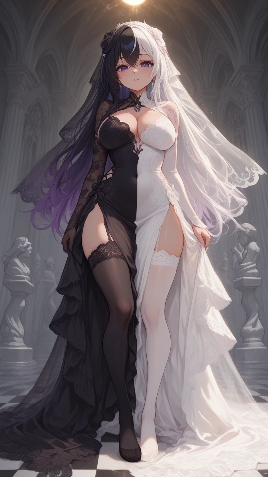 beautiful demonic woman, naked, white long hair, pubic hair,covered in blood, fangs, horns, grim forest, from back
<lora:sexy_bridal_lingerie:1> 1girl, bridal veil, white lace bridal lingerie, cleavage, cleavage cutout, bare shoulders, bare arms, white lace panties, short see-through skirt,