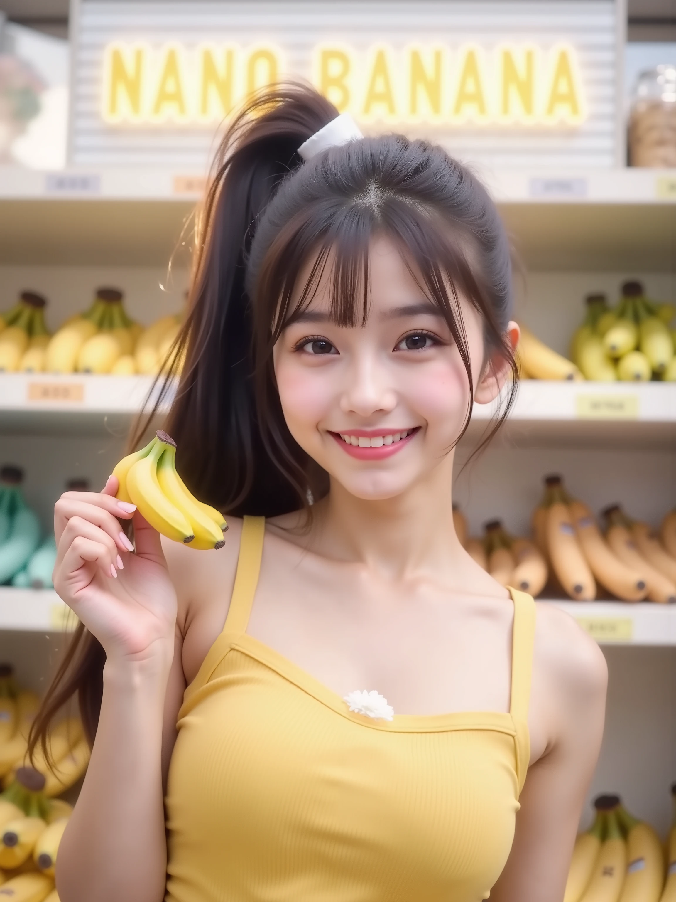 Chinese and Japanese mix, black hair, ponytail short hair BANGS, double eyelid, viewer look, brightest smile, kind looking smiling eyes,
1girl, light pink lips gloss, (normal natural thin eyelashes), v shape face, thin eyebrow, clear face, very detailed eyes and faces, flawless skin, spotless skin、natural expression、BANANA SHOP Display Shelf SELLING ALL BANANA, YELLOW BANANA, GREEN BANANA, BLUE BANANA WITH A HORIZONTAL WHITE SIGNBOARD LOGO IN YELLOW LED WORDS OF "NANO BANANA" ABOVE THE SHELF IN THE BACKGROUND WHILE SHE IS WEARING A YELLOW DRESS AND HOLDING A YELLOW TINY NANO SIZE BANANA