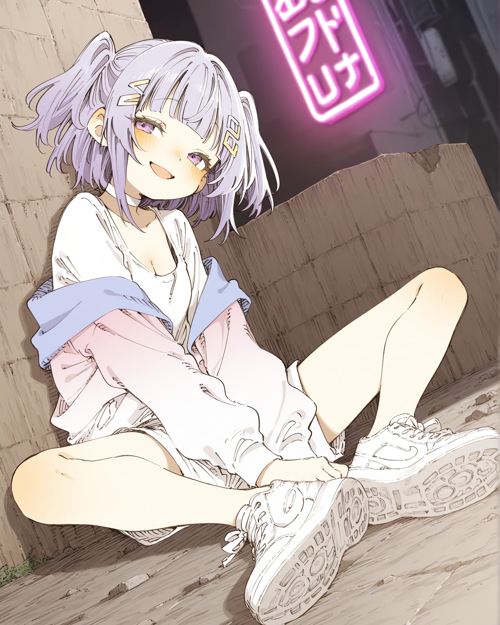 ((Abara Heiki Style)), ((Masterpiece)), ((best quality, amazing quality)), ((very aesthetic, absurdres, newest, scenery)), ((detailed background, negative space, blurry background, depth of field)), ((dynamic angle, from side)), ((1girl)), cute young girl, (Healthy Gaunt body, Textured skin, small , cleavage, tilt head), multicolored hair, short hair, gradient hair, pale-purple colors Hair Tip, two side up, hairclip, loose blunt bangs, (white choker, white shirt, white jacket, gradient jacket, white shorts), white sneakers, BREAK, big eyes, (pale purple eyes, gradient eyes, averting eyes, looking at side), ( smile, open mouth, blush), (loose sitting against the concrete blocks, outstretched legs, shoe sole), on the Unsafe back alley, neon sign, outdoor,