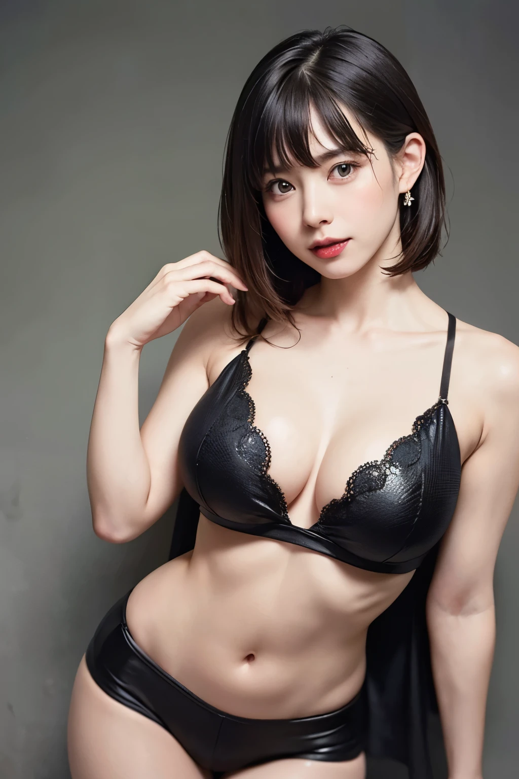 (top-quality、8k、32k、masterpiece、UHD:1.2)、Photos of pretty korean women、very Bigger breasts、very short bobbed hair、Very realistic skin texture、Fine facial noise、very detailed lips、cowboy shot、sface focus、Yellow-green skirt、耳Nipple Ring、Dark studio background、Uniform illumination、looking at the viewers、Soft and smooth body、slender body、wide waist、thick thight、Contrapo、Essa Pose、raise arms、Show the armpits