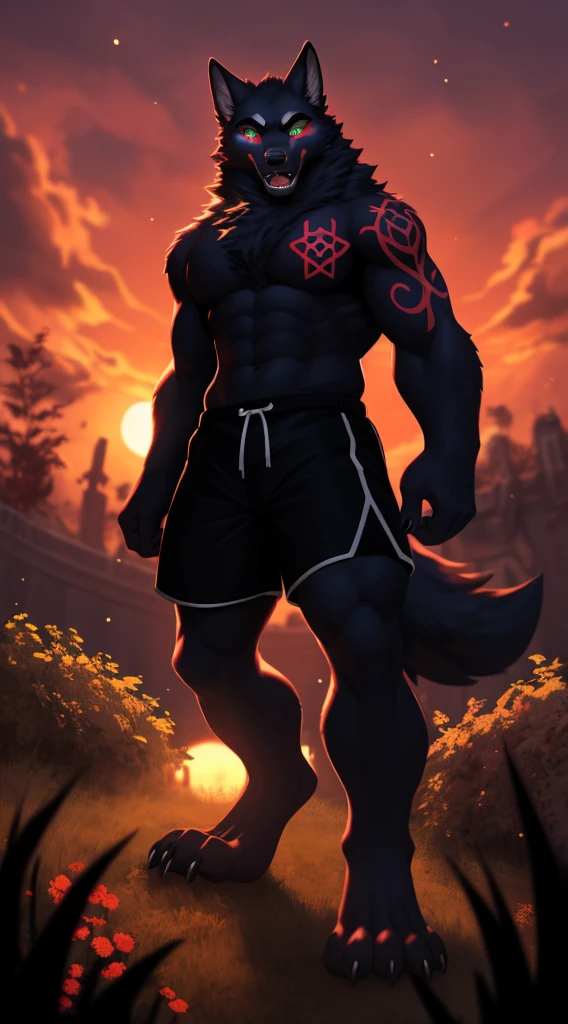 male alpha wolf in garden, black skin, red tattoo, waning moon tattoo on ?????, ((heterochromia, blue left eye, red right eye)) dreamy background, kindness, (frightening), unlimited light, magnificent sunset background, octane render, beautiful features, beautifully detailed eyes, intricate skin, detailed face, perfect skin texture, extreme details, full body vision, cinematic lighting,  professional lighting, centered, looking at camera, 8k, shooting with Hasselblad X1D-50, maximum focus, depth of field, perfect lighting, light particles, (best quality), (masterpiece), (ultra detailed), sharp focus, light particles