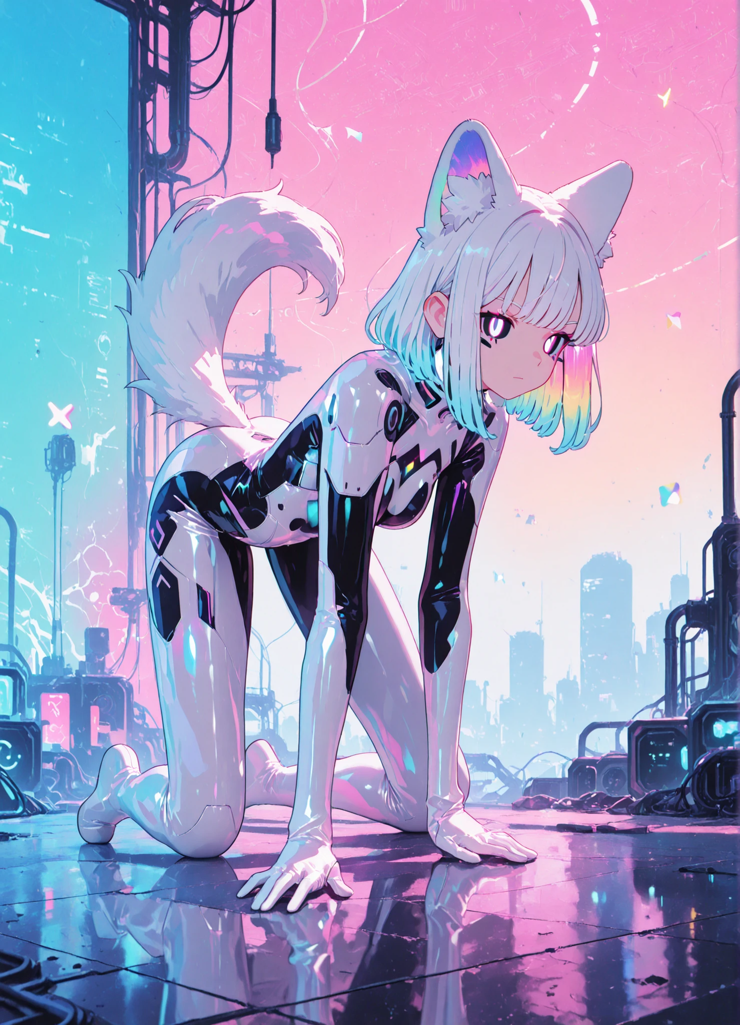 high quality, masterpiece, best quality, white wolf girl character, flowing white hair with luminous highlights, elegant wolf ears, sleek white latex design, black inner accents, glowing white eyes, futuristic sci-fi backdrop, chrome reflective textures, dynamic pose, ethereal lighting, detailed anatomical forms, cyberpunk environment, professional 3D render, iridescent surface details, neon ambient lighting, clean geometric shapes, bioluminescent white markings