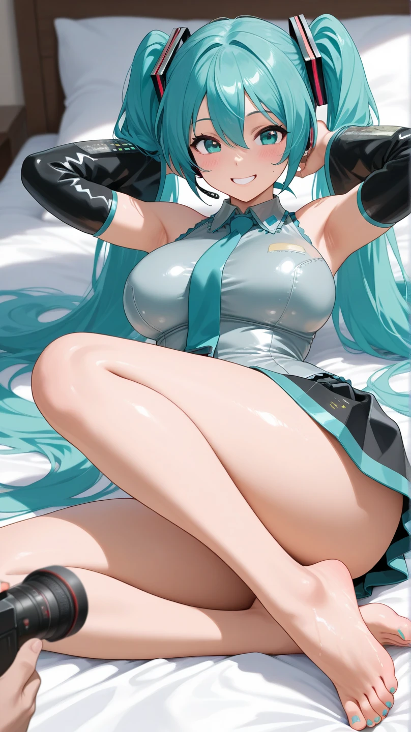 (masterpiece,best quality, detailed), indoors, looking at viewer, 1girl, solo, full body, from above, smile, sitting, wariza,
hatsune miku,outfit-Implacablenun, 1girl, breasts, solo,twintails, cleavage, blush, bare shoulders, sitting, smile, large breasts, navel, thighs <lora:outfit-Implacable-pynoise:1>
