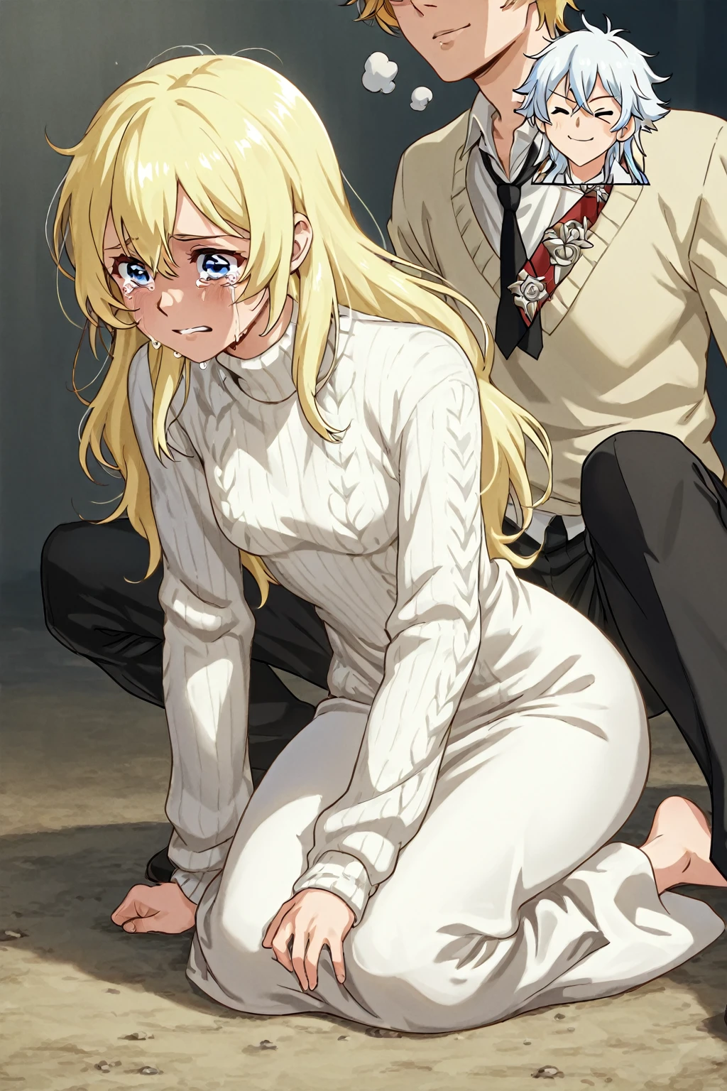 ASCII fcsttng, facesitting, woman sitting on man's face, woman has long blond hair, blue eyes, wearing a black long sleeved shirt and grey pants, wide side angle shot, looking down at man with dominant expression, her hand is on her hip, man is laying on his back on the floor, his face between her legs, his arms pinned above his head by woman's knees, the rest of his body visible behind her,