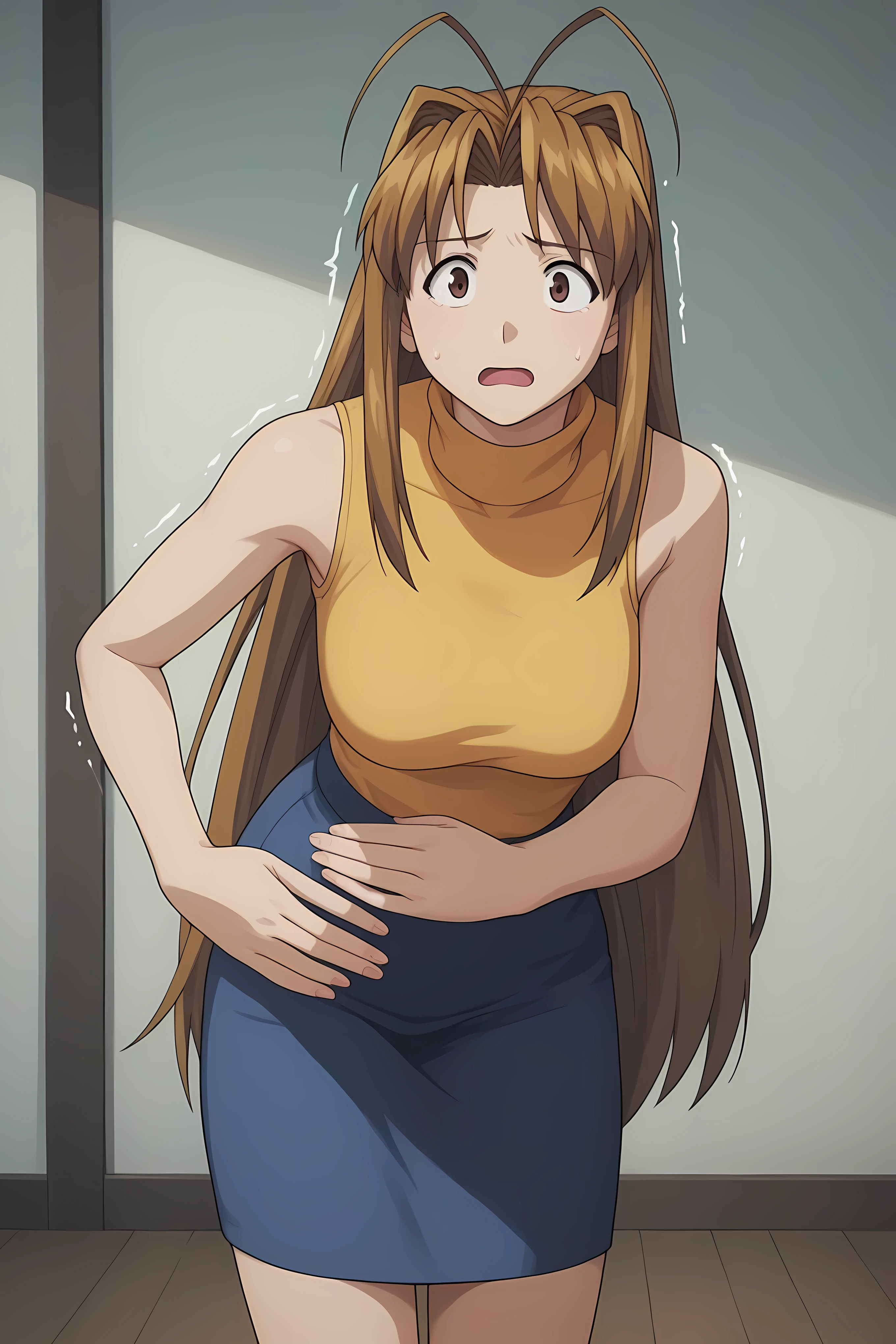 naru narusegawa, long hair, brown hair, antenna hair, brown eyes,,skirt, sleeveless, black miniskirt, turtleneck, orange turtleneck, sleeveless turtleneck,,general, masterpiece, highres, ultra-detailed, hyper-detailed, best quality, amazing quality, very aesthetic, best hands, bes general, masterpiece, highres, ultra-detailed, hyper-detailed, best quality, amazing quality, very aesthetic, best hands, best eyes, best hand, inside white a large airport hallway, solo
adult woman, 1woman, hand on own stomach, sweat, leaning forward, nervous, scared, trembling legs,