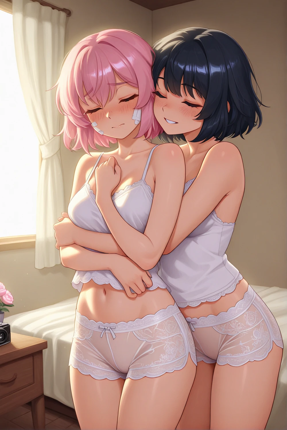 2 women, in tribadism position, touching vaginas, with, open-legged, pink panties, pink Bras, on bed, blushing, on a bed