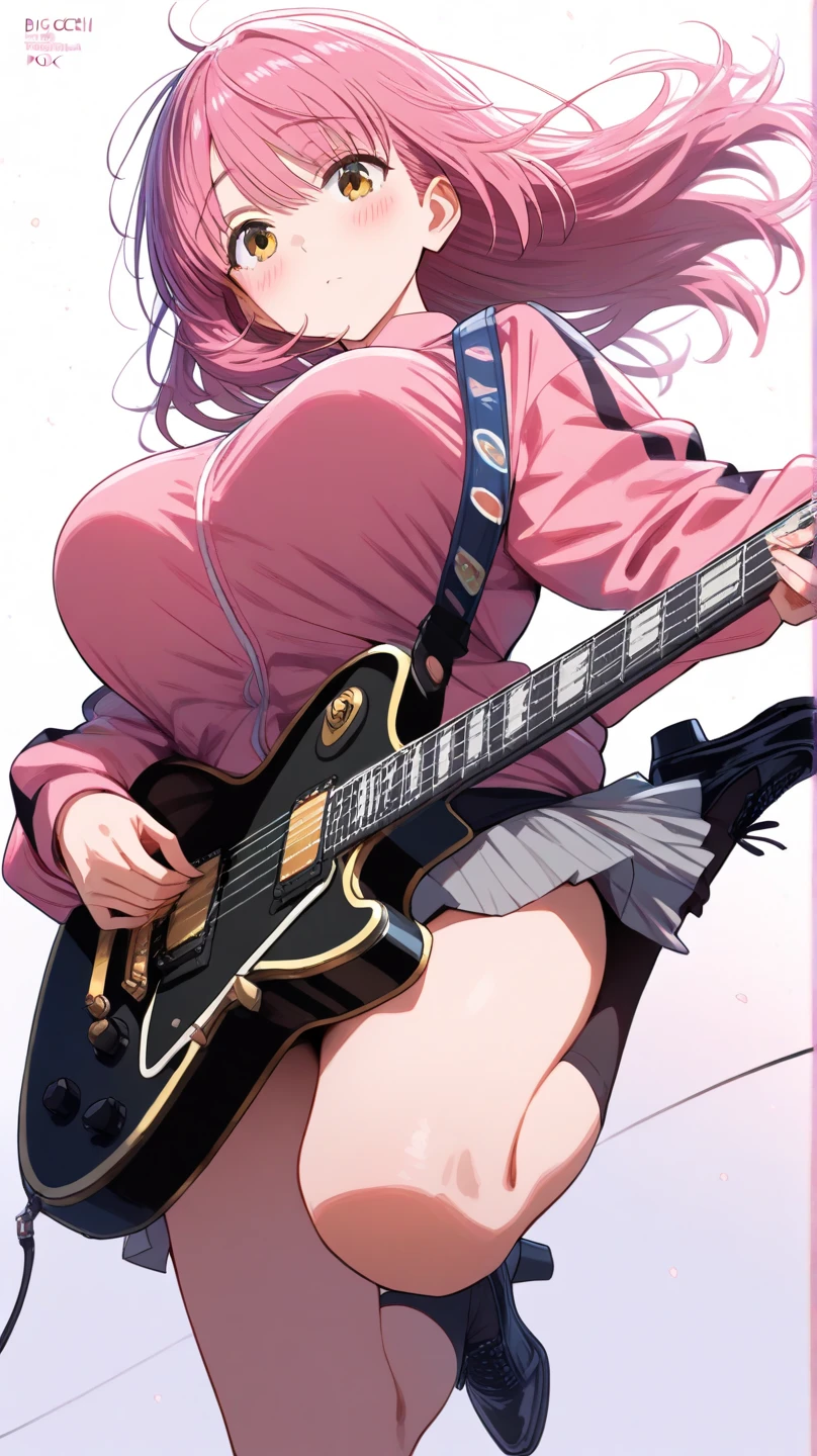 masterpiece, best quality, ultra-detailed, illustration, an extremely delicate and beautiful,high resolution, ultra-detailed,,perfect face,slender perfect body, Tight belly,Toned buttocks,Constricted waist,,(girl plays the guitar:1.7), (black skin:1.3),15yono make,(yellow hair),(braided hair),(pank uniform:1.3),(big smile),(open shirt:1.2),(tattoo on thigh:1.3),(very short hair), shy daughter, short stature,(rock and roll star:1.3),(big breasts),(on a luxurious stage), (band girl),((very wide shot )),( sweaty skin:1.2),(low view:1.5),(spread legs:1.3),white panties