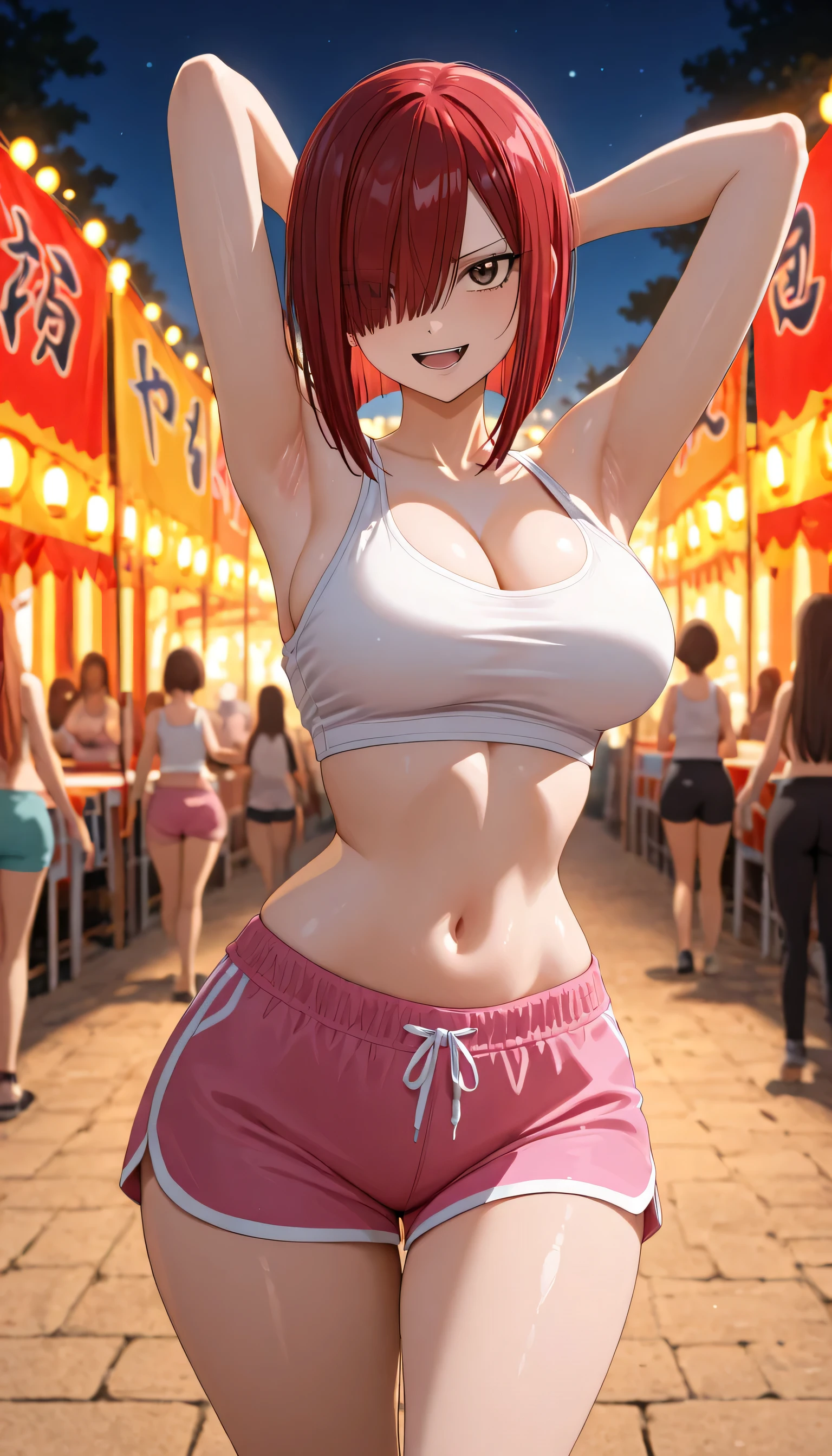 masterpiece, high score, great score, absurdres, close-up, beautiful woman, erza scarlet, wolfcut hair, short hair, red hair, hair over one eye, brown eyes, perfect round breasts, navel, cleavage,thigh, (wide hips), ((beautiful eyes)), vivid colors, volumetric lighting, soft lighting, one girl, one female, one woman, standing, raised both of your armpit, outdoors,white tank top, pink gym shorts, blunt bangs,night, depth of field,glowing, teasing smile, open mouth, festival background, full body