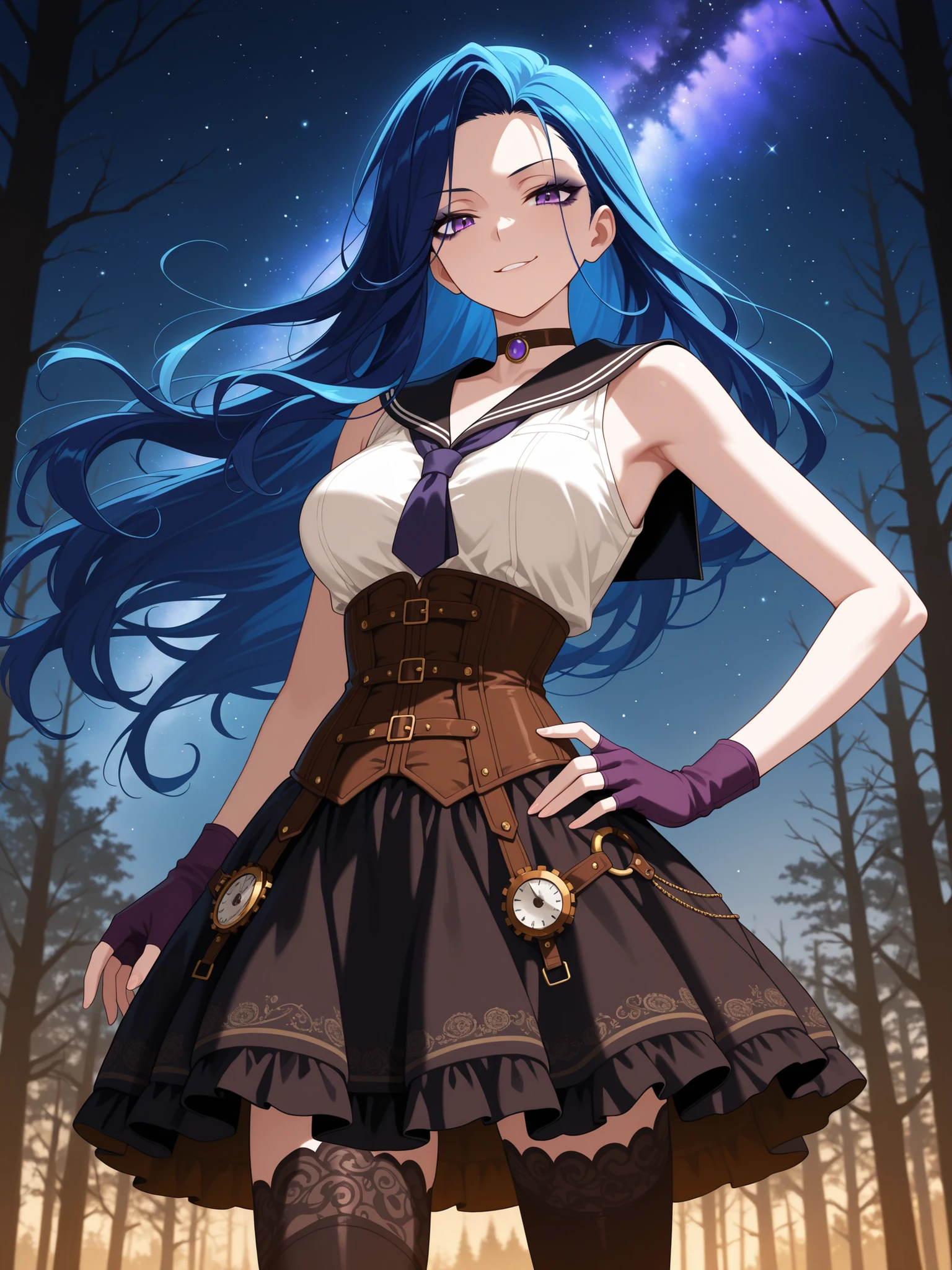 masterpiece, high quality, woman, standing, (upper body), looking at viewer, (smirking), (twilight blue hair), long hair, flowing hair, mature, (purple eyes), dark_eyeliner, long_eyelashes, hand on hip, (purple fingerless_gloves), beautiful, elegant, slim, white (sleeveless) button up shirt, (black sailor collar), black thigh highs, choker, medium bust, (brown steampunk corset), (black) Lolita style skirt, natural dynamic lighting, steampunk, at night, in a dark and misty forest, night sky, stars, milky way galaxy,