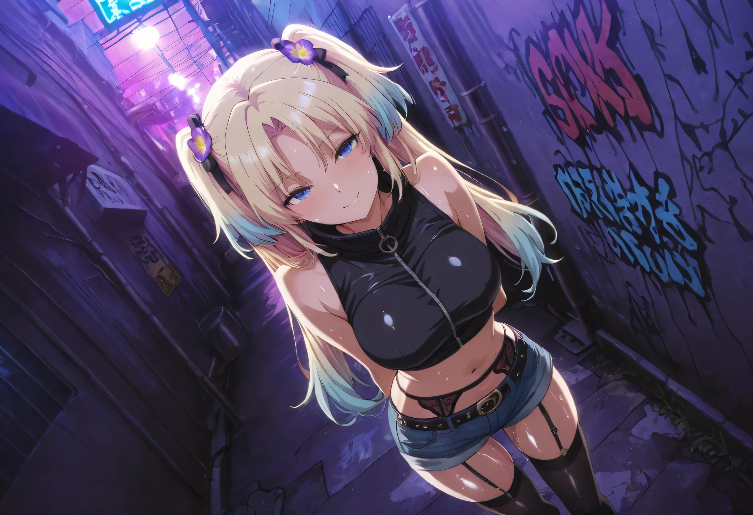 masterpiece, best quality, absurd, latest, high resolution, official art, screenshot, anime screenshot, anime coloring, masterpiece,best quality,absurdres,newest,highres, official art, detailed eyes,anime eyes,high detail eyes,multicolored iris,detailed iris,anime style 1girl Osawa Rurino, blonde hair, long hair, blue eyes, hair ornament, multicolored hair, gradient hair, twintails, parted bangs, double twintails,  large breasts, shiny skin, wet body relista4k, oily shiny skin 4k, sweat, shiny hair 4k, short denim shorts, black stockings with garter belt, black sleeveless crop top, in Tokyo city in an alley with a lot of dark graffiti, realistic shadow of luiz beautiful realistic scenery, in Tokyo city in an alley with a lot of dark graffiti, realistic shadow of luiz beautiful realistic scenery, beautiful aesthetics with purple light, at night, beautiful aesthetics with light purple, very beautiful aesthetic lighting, lighting with a lot of realism on the body, beautiful scenery with a lot of details, in a beautiful masterpiece, best quality, extremely detailed face, perfect lighting, beautiful scenery with a lot of details, in a beautiful, masterpiece, best quality, extremely detailed face, perfect lighting, beautiful, masterpiece, best quality, extremely detailed face, perfect lighting, beautiful, masterpiece, best quality, extremely detailed face, perfect lighting, posing to take a photo, sexy pose with naughty look at the viewer