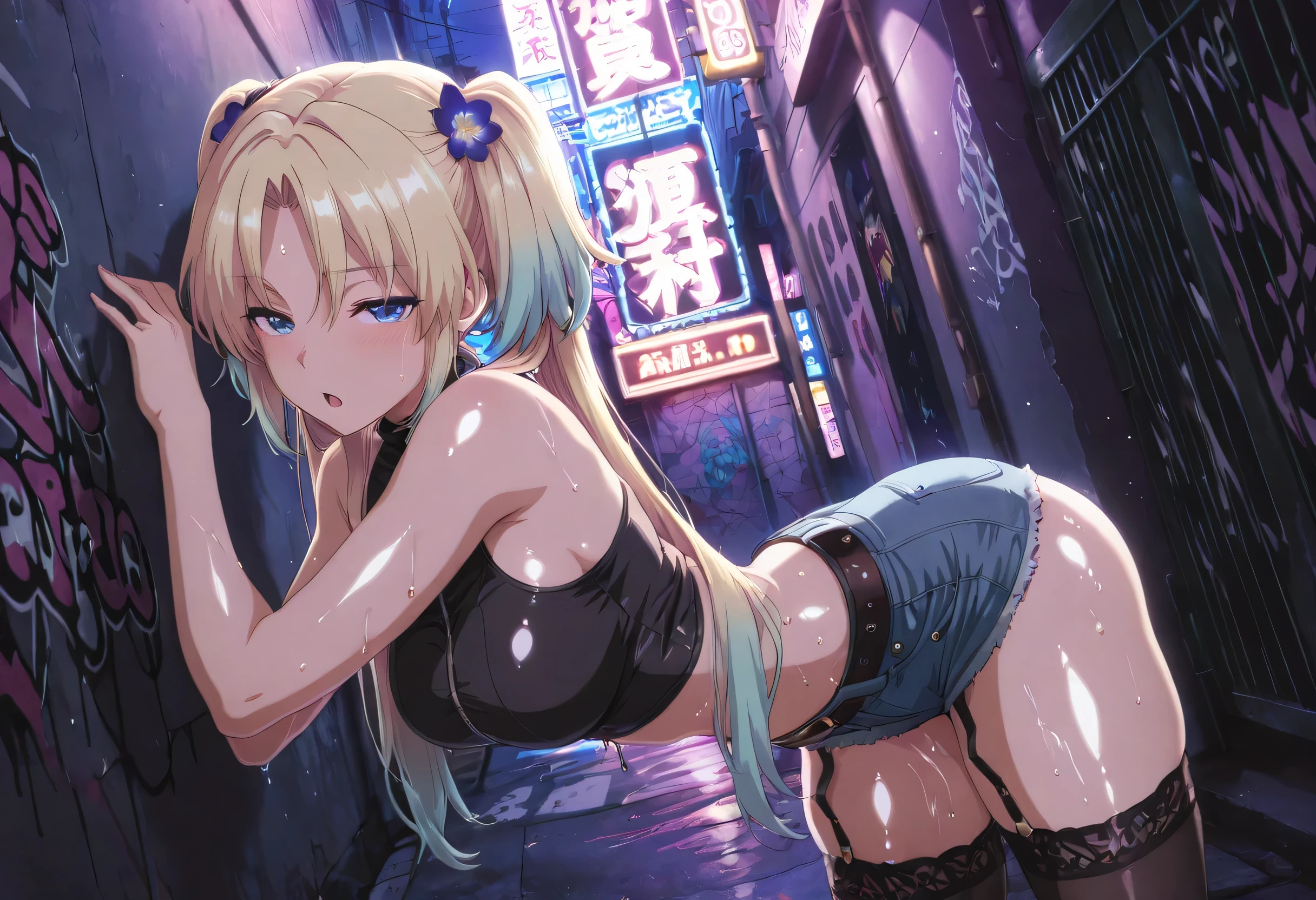 masterpiece, best quality, absurd, latest, high resolution, official art, screenshot, anime screenshot, anime coloring, masterpiece,best quality,absurdres,newest,highres, official art, detailed eyes,anime eyes,high detail eyes,multicolored iris,detailed iris,anime style 1girl Osawa Rurino, blonde hair, long hair, blue eyes, hair ornament, multicolored hair, gradient hair, twintails, parted bangs, double twintails, large breasts, shiny skin, wet body relista4k, oily shiny skin 4k, sweat, shiny hair 4k, short denim shorts, black stockings with garter belt, black sleeveless crop top, in Tokyo city in an alley with a lot of dark graffiti, realistic shadow of luiz beautiful realistic scenery, in Tokyo city in an alley with a lot of dark graffiti, realistic shadow of luiz beautiful realistic scenery, beautiful aesthetics with purple light, at night, beautiful aesthetics with light purple, very beautiful aesthetic lighting, lighting with a lot of realism on the body, beautiful scenery with a lot of details, in a beautiful masterpiece, best quality, extremely detailed face, perfect lighting, beautiful scenery with a lot of details, in a beautiful, masterpiece, best quality, extremely detailed face, perfect lighting, beautiful, masterpiece, best quality, extremely detailed face, perfect lighting, beautiful, masterpiece, best quality, extremely detailed face, perfect lighting, posing to take a photo, sexy pose with naughty look at the viewer