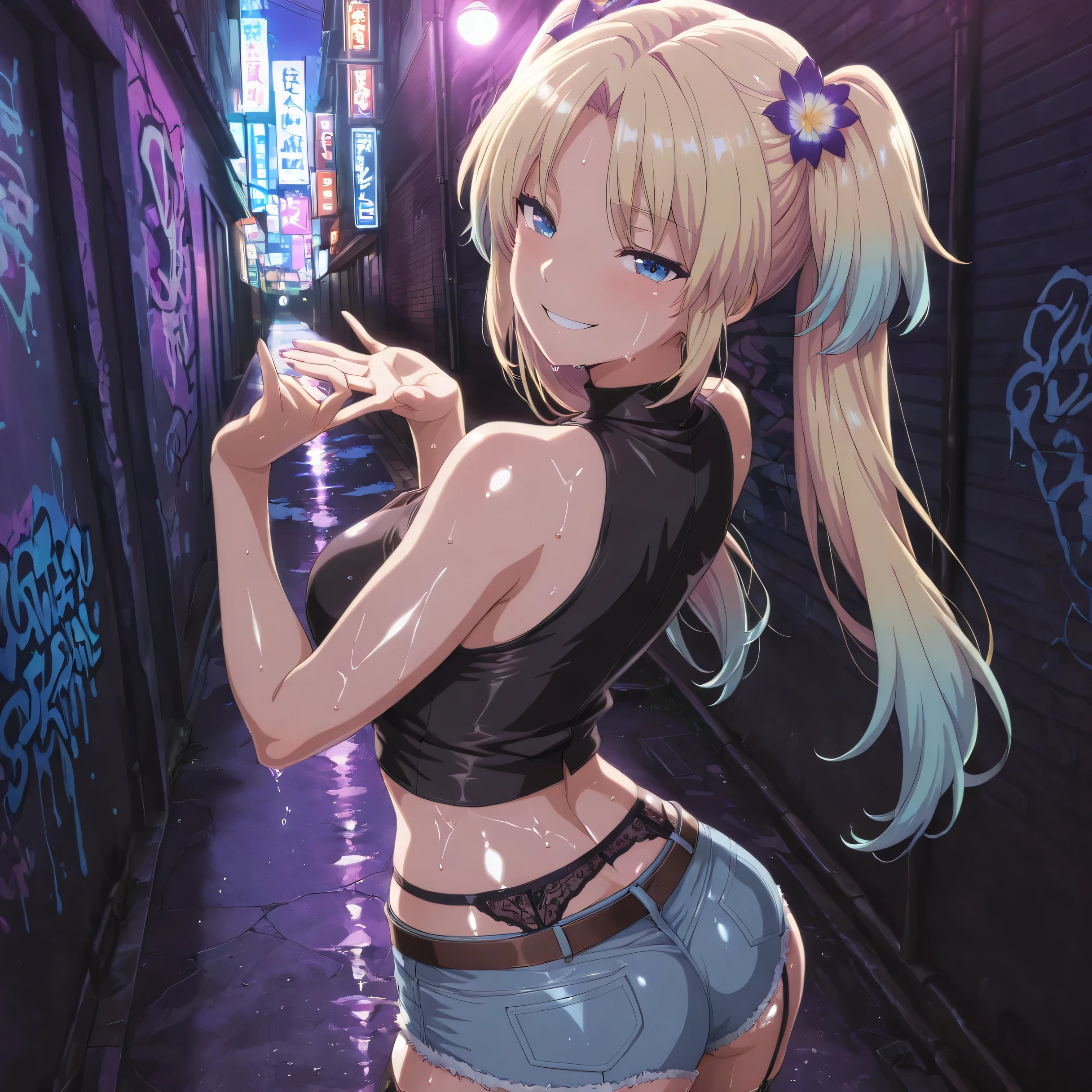 masterpiece, best quality, absurd, latest, high resolution, official art, screenshot, anime screenshot, anime coloring, masterpiece,best quality,absurdres,newest,highres, official art, detailed eyes,anime eyes,high detail eyes,multicolored iris,detailed iris,anime style 1girl Osawa Rurino, blonde hair, long hair, blue eyes, hair ornament, multicolored hair, gradient hair, twintails, parted bangs, double twintails, large breasts, shiny skin, wet body relista4k, oily shiny skin 4k, sweat, shiny hair 4k, short denim shorts, black stockings with garter belt, black sleeveless crop top, in Tokyo city in an alley with a lot of dark graffiti, realistic shadow of luiz beautiful realistic scenery, in Tokyo city in an alley with a lot of dark graffiti, realistic shadow of luiz beautiful realistic scenery, beautiful aesthetics with purple light, at night, beautiful aesthetics with light purple, very beautiful aesthetic lighting, lighting with a lot of realism on the body, beautiful scenery with a lot of details, in a beautiful masterpiece, best quality, extremely detailed face, perfect lighting, beautiful scenery with a lot of details, in a beautiful, masterpiece, best quality, extremely detailed face, perfect lighting, beautiful, masterpiece, best quality, extremely detailed face, perfect lighting, beautiful, masterpiece, best quality, extremely detailed face, perfect lighting, from the back showing her big ass, she holding her ass with both hands, focus on the big ass, looking back with a naughty smile