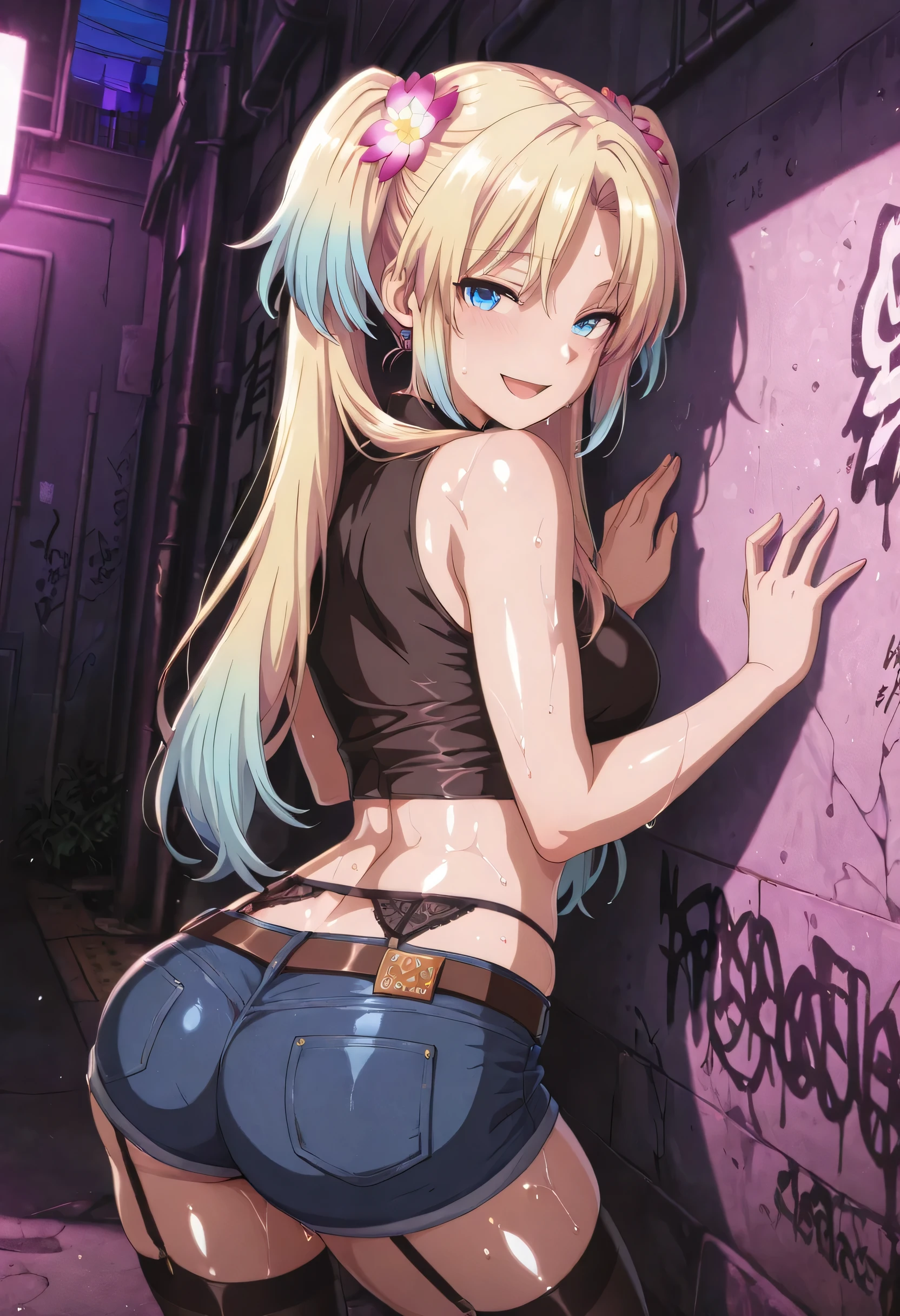 masterpiece, best quality, absurd, latest, high resolution, official art, screenshot, anime screenshot, anime coloring, masterpiece,best quality,absurdres,newest,highres, official art, detailed eyes,anime eyes,high detail eyes,multicolored iris,detailed iris,anime style 1girl Osawa Rurino, blonde hair, long hair, blue eyes, hair ornament, multicolored hair, gradient hair, twintails, parted bangs, double twintails, large breasts, shiny skin, wet body relista4k, oily shiny skin 4k, sweat, shiny hair 4k, short denim shorts, black stockings with garter belt, black sleeveless crop top, in Tokyo city in an alley with a lot of dark graffiti, realistic shadow of luiz beautiful realistic scenery, in Tokyo city in an alley with a lot of dark graffiti, realistic shadow of luiz beautiful realistic scenery, beautiful aesthetics with purple light, at night, beautiful aesthetics with light purple, very beautiful aesthetic lighting, lighting with a lot of realism on the body, beautiful scenery with a lot of details, in a beautiful masterpiece, best quality, extremely detailed face, perfect lighting, beautiful scenery with a lot of details, in a beautiful, masterpiece, best quality, extremely detailed face, perfect lighting, beautiful, masterpiece, best quality, extremely detailed face, perfect lighting, beautiful, masterpiece, best quality, extremely detailed face, perfect lighting, from the back showing her big ass, she holding her ass with both hands, focus on the big ass, looking back with a naughty smile