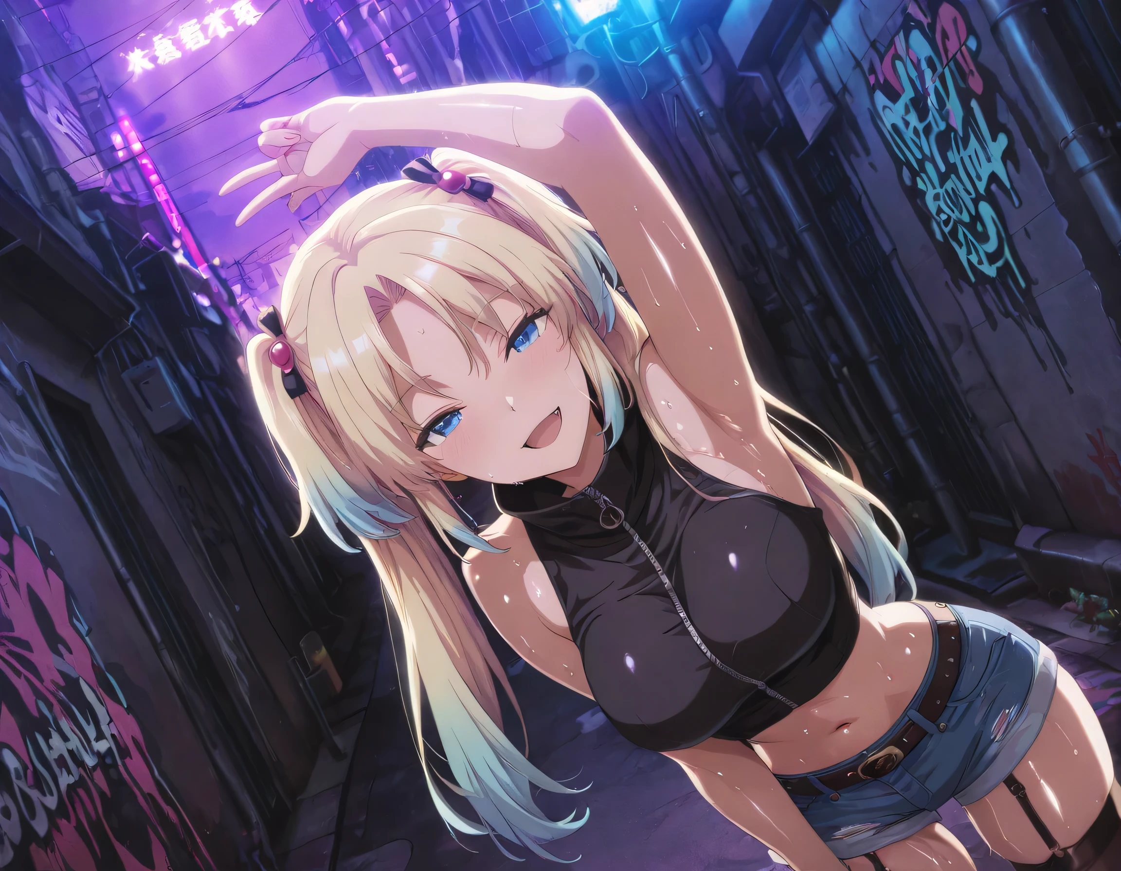 masterpiece, best quality, absurd, latest, high resolution, official art, screenshot, anime screenshot, anime coloring, masterpiece,best quality,absurdres,newest,highres, official art, detailed eyes,anime eyes,high detail eyes,multicolored iris,detailed iris,anime style 1girl Osawa Rurino, blonde hair, long hair, blue eyes, hair ornament, multicolored hair, gradient hair, twintails, parted bangs, double twintails, large breasts, shiny skin, wet body relista4k, oily shiny skin 4k, sweat, shiny hair 4k, short denim shorts, black stockings with garter belt, black sleeveless crop top, in Tokyo city in an alley with a lot of dark graffiti, realistic shadow of luiz beautiful realistic scenery, in Tokyo city in an alley with a lot of dark graffiti, realistic shadow of luiz beautiful realistic scenery, beautiful aesthetics with purple light, at night, beautiful aesthetics with light purple, very beautiful aesthetic lighting, lighting with a lot of realism on the body, beautiful scenery with a lot of details, in a beautiful masterpiece, best quality, extremely detailed face, perfect lighting, beautiful scenery with a lot of details, in a beautiful, masterpiece, best quality, extremely detailed face, perfect lighting, beautiful, masterpiece, best quality, extremely detailed face, perfect lighting, beautiful, masterpiece, best quality, extremely detailed face, perfect lighting, posing to take a photo, sexy pose with naughty look at the viewer