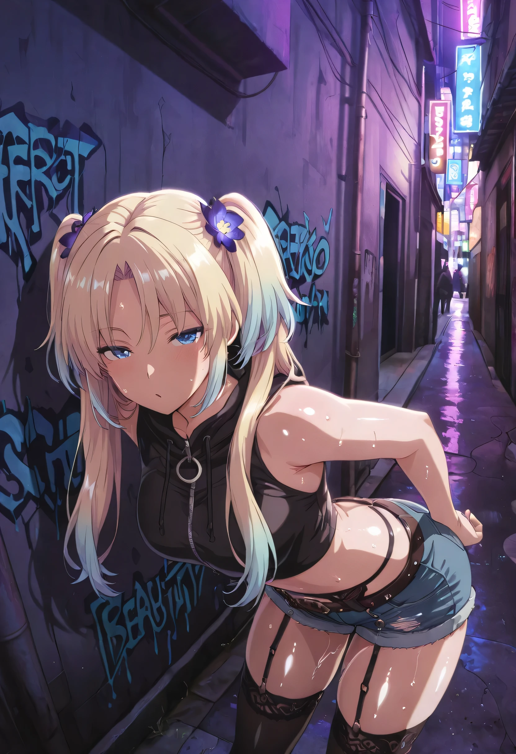 masterpiece, best quality, absurd, latest, high resolution, official art, screenshot, anime screenshot, anime coloring, masterpiece,best quality,absurdres,newest,highres, official art, detailed eyes,anime eyes,high detail eyes,multicolored iris,detailed iris,anime style 1girl Osawa Rurino, blonde hair, long hair, blue eyes, hair ornament, multicolored hair, gradient hair, twintails, parted bangs, double twintails, large breasts, shiny skin, wet body relista4k, oily shiny skin 4k, sweat, shiny hair 4k, short denim shorts, black stockings with garter belt, black sleeveless crop top, in Tokyo city in an alley with a lot of dark graffiti, realistic shadow of luiz beautiful realistic scenery, in Tokyo city in an alley with a lot of dark graffiti, realistic shadow of luiz beautiful realistic scenery, beautiful aesthetics with purple light, at night, beautiful aesthetics with light purple, very beautiful aesthetic lighting, lighting with a lot of realism on the body, beautiful scenery with a lot of details, in a beautiful masterpiece, best quality, extremely detailed face, perfect lighting, beautiful scenery with a lot of details, in a beautiful, masterpiece, best quality, extremely detailed face, perfect lighting, beautiful, masterpiece, best quality, extremely detailed face, perfect lighting, beautiful, masterpiece, best quality, extremely detailed face, perfect lighting, posing to take a photo, sexy pose with naughty look at the viewer