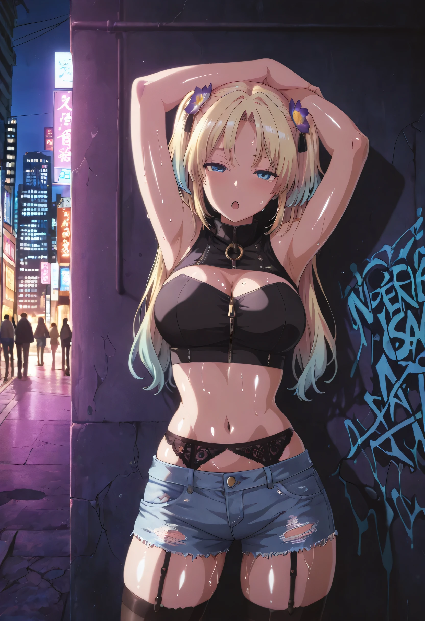 masterpiece, best quality, absurd, latest, high resolution, official art, screenshot, anime screenshot, anime coloring, masterpiece,best quality,absurdres,newest,highres, official art, detailed eyes,anime eyes,high detail eyes,multicolored iris,detailed iris,anime style 1girl Osawa Rurino, blonde hair, long hair, blue eyes, hair ornament, multicolored hair, gradient hair, twintails, parted bangs, double twintails, large breasts, shiny skin, wet body relista4k, oily shiny skin 4k, sweat, shiny hair 4k, short denim shorts, black stockings with garter belt, black sleeveless crop top, in Tokyo city in an alley with a lot of dark graffiti, realistic shadow of luiz beautiful realistic scenery, in Tokyo city in an alley with a lot of dark graffiti, realistic shadow of luiz beautiful realistic scenery, beautiful aesthetics with purple light, at night, beautiful aesthetics with light purple, very beautiful aesthetic lighting, lighting with a lot of realism on the body, beautiful scenery with a lot of details, in a beautiful masterpiece, best quality, extremely detailed face, perfect lighting, beautiful scenery with a lot of details, in a beautiful, masterpiece, best quality, extremely detailed face, perfect lighting, beautiful, masterpiece, best quality, extremely detailed face, perfect lighting, beautiful, masterpiece, best quality, extremely detailed face, perfect lighting, posing to take a photo, sexy pose with naughty look at the viewer
