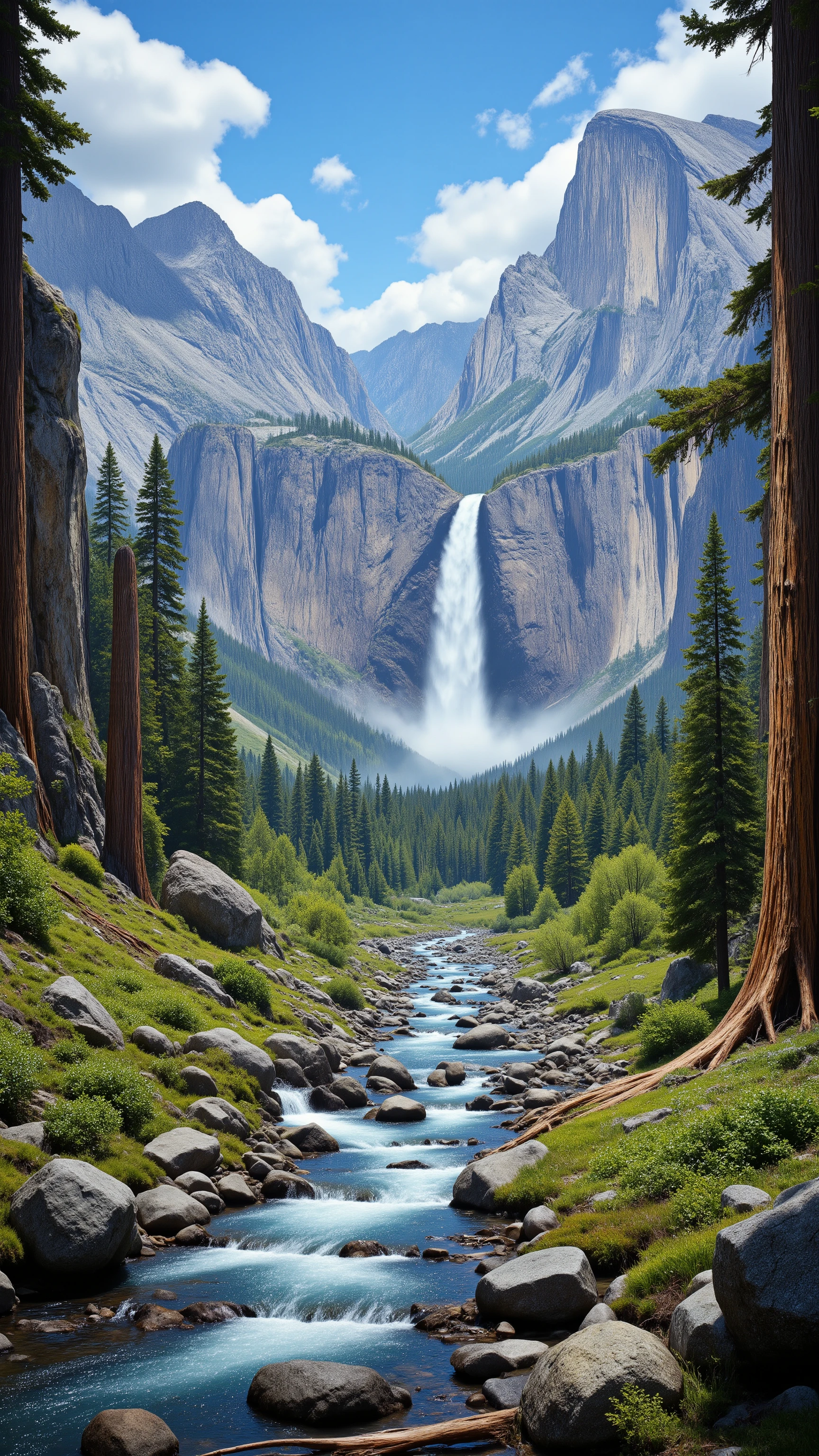 highdefinition image、Capture the grandeur of California's Yosemite Park、clear large and small rivers flowing between towering white granite cliffs、the many huge waterfalls that flow down there、valleys and trees々Clear large and small rivers flowing between、Giant Sequoia Grove、Biological Diversity