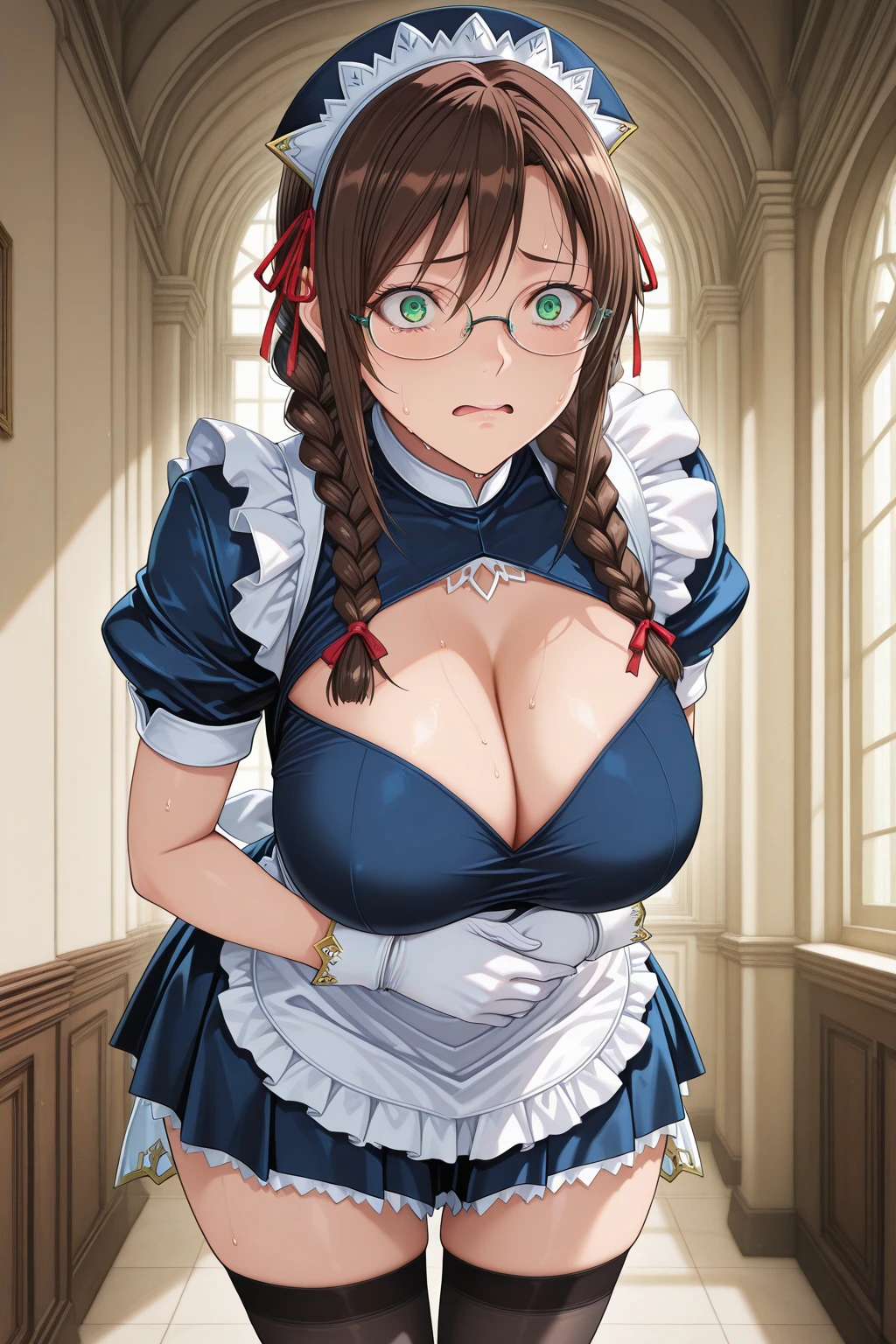 (masterpiece, high quality:1.1), cinematic lighting, extremely detailed,
mitaraiyuuna, standing, cowboy shot, close-up, (hand to own mouth:1.2), hands on own knees,
looking at viewer, (embarrassed, blush:1.1), shy, teeth,
brown hair, twin braids, lipstick, makeup, green eyes, glasses,
maid headdress, (maidoutfit:1.1), short sleeves, cuffs, (black thighhighs:1.1),
huge breasts, curvy, cleavage,
indoors, luxury room, mansion, window, day, complex background,
<lora:MitaraiYuuna:0.98>