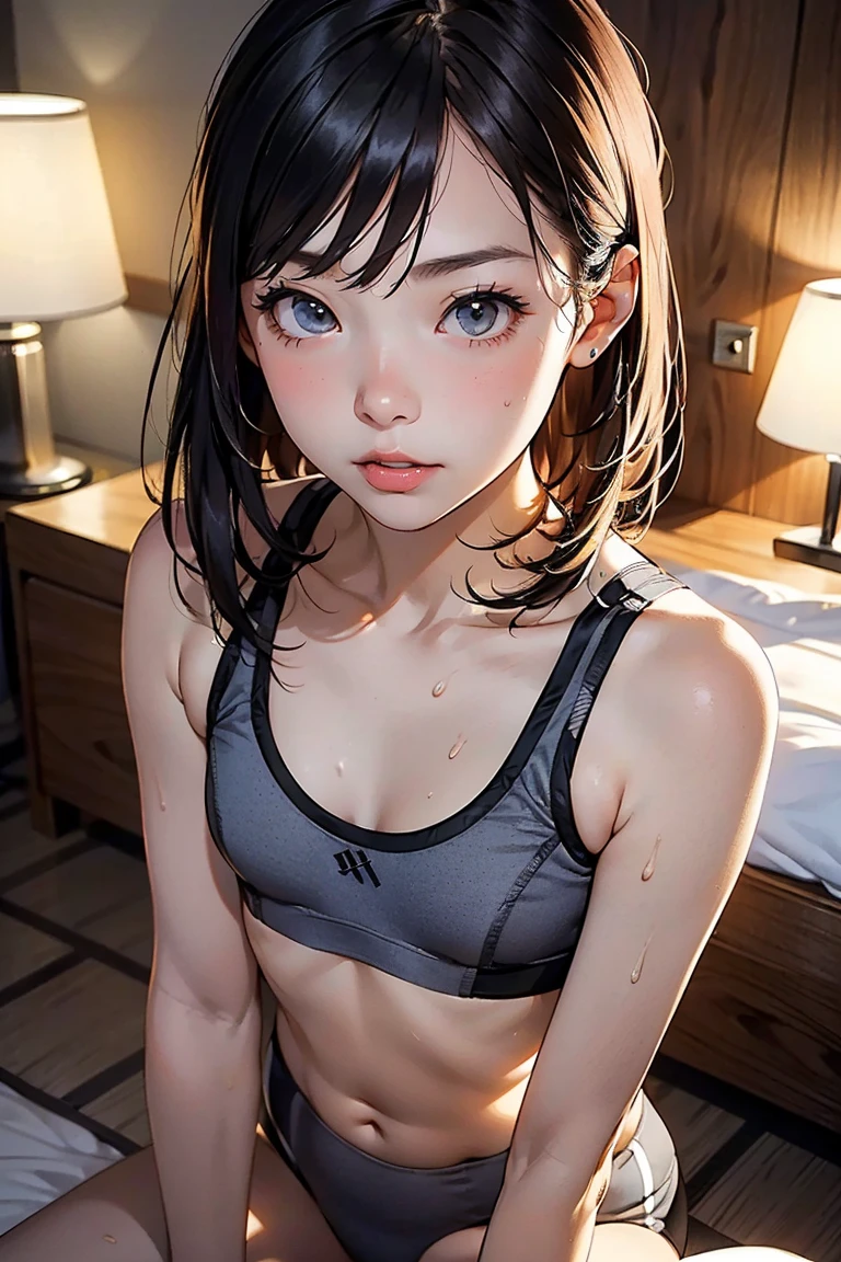 (masterpiece,ultra-detailed,best quality,8K,CG,realistic,illustration:1.2),(perfect-composition,detailed beautiful face,Clean skin,photographical skin,shiny skin,shiny hair, photographical hair,ultra detailed eyes,shaved,kawaii,uncensored:1.2),<lora:add_detail:1.8>, (petite girl:1.4), <lora:inoue_takina_v1:0.6> aatakina, long hair, black hair,purple eyes, middle breasts, (bare shoulders, sportswear, sports bra, crop top, white shirt, midriff, white buruma, white panties, thighs:1.0)