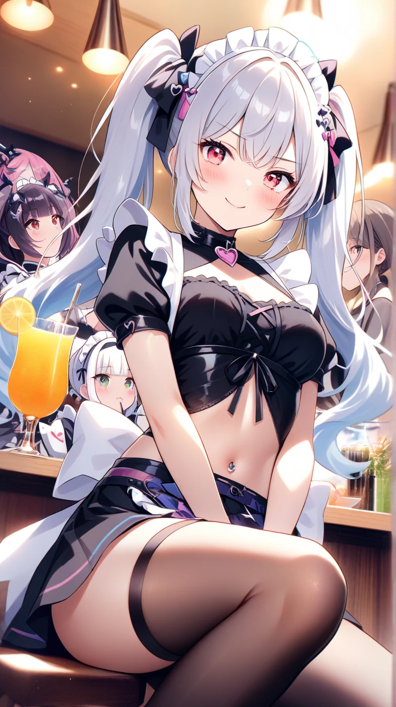 1girl, rabbit hole \(vocaloid\), (masterpiece), (best quality), POV, from side, upper body, breasts focus, newest, playboy bunny, heart-shaped pupils, long hair, white hair, smile, looking at viewer, closed mouth, perfect body, large breasts, nipples, (show off breasts, pull clothes), black leotard, casino background, crowd around, tray, carry tray, have tray, drinks on tray, <lora:Rabbithole2:1>