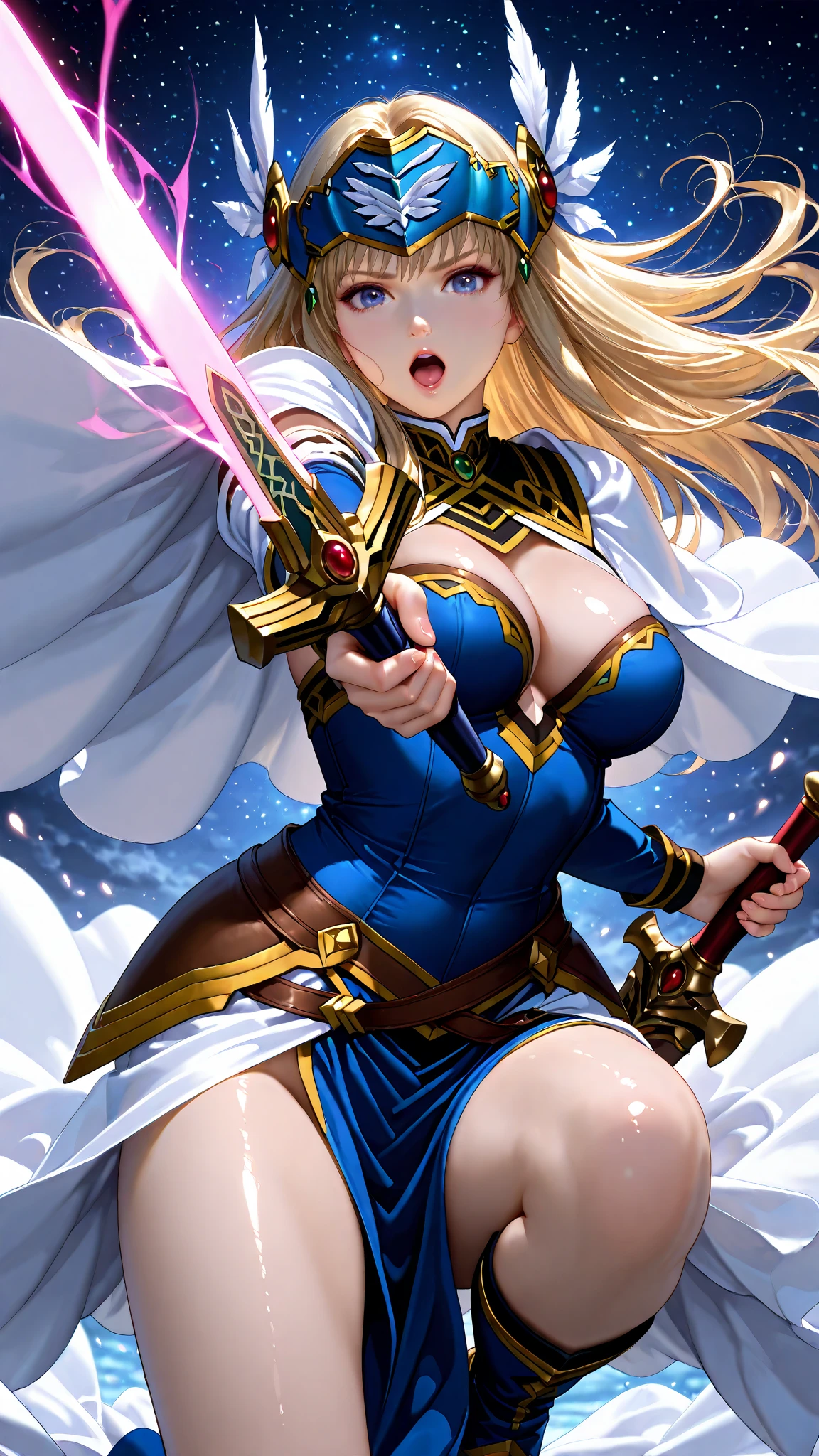 ((Highest quality、、masterpiece:1.3)), Upper Body、Long legs、Sharp focus:1.2, Beautiful woman with perfect figure:1.4、((Big Breasts:1.2)), (Big Breasts、Soft looking big ass、Feminine body 、Smiling:1.2), Face and skin texture crafted to the smallest detail、Fine-grained、double eyelid、25-year-old female、sexly、((((Cosplay、Isekai background、Fantasy、A world of swords and magic、Brave))))