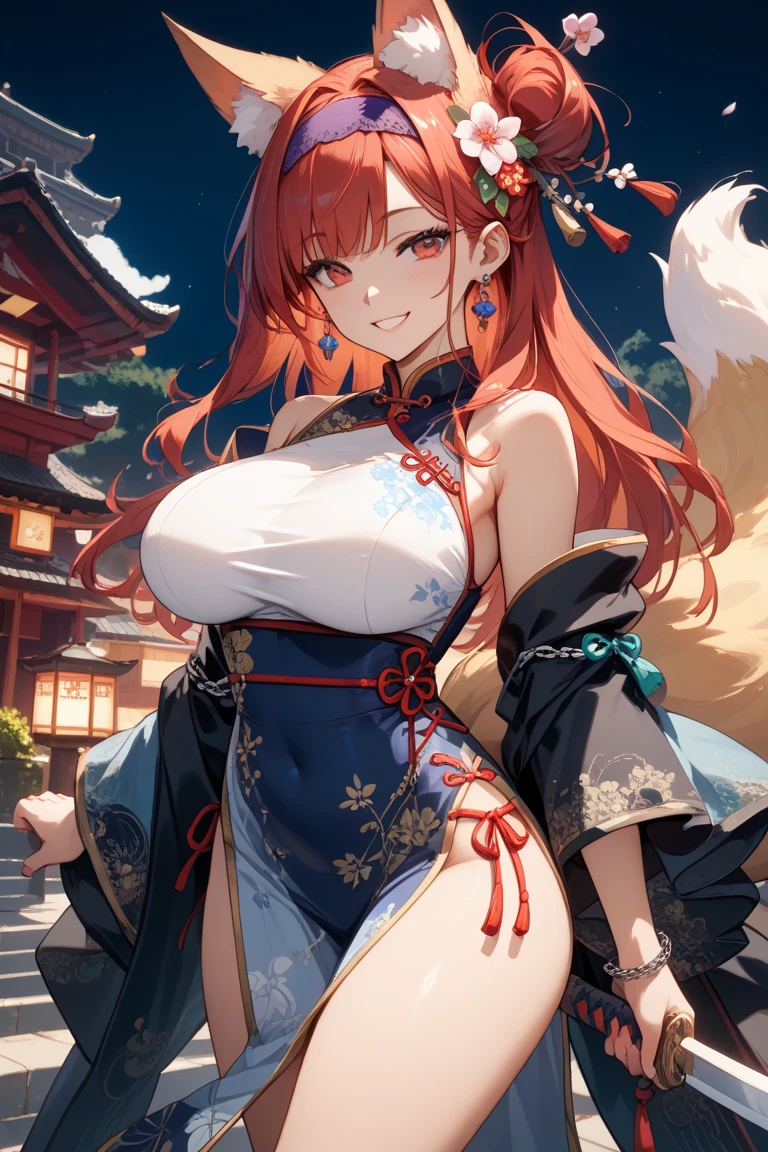 1girl absurdres animal_ears bracelet breasts ((Chinese dress)) (holding large open folding fan) folding_fan fox fox_ears fox_girl fox_tail gradient_hair ((((brown hair))) with gradient red hair tips) (standing in an artisitic dance pose) green_eyes hair_between_eyes hand_fan highres holding holding_fan honkai:_star_rail honkai_(series) jewelry long_hair looking_at_viewer monabianou multicolored_hair open_mouth red_hair smile solo tail tingyun_(honkai:_star_rail), trees |sky | clouds background
