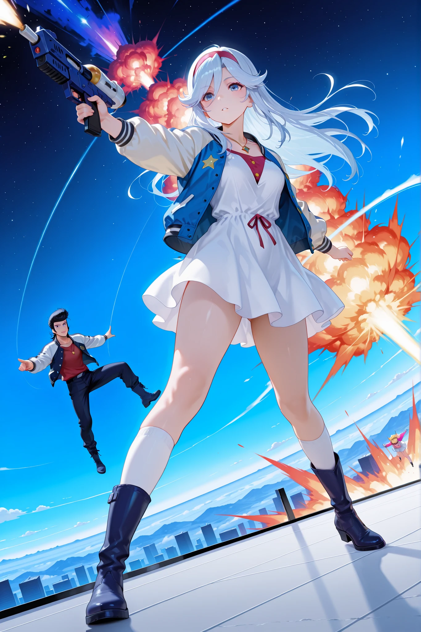 score_9, score_8_up, score_7_up, masterpiece, best quality, perfect facial features, highest resolution, 8k, amazing quality, (((detailed eyes, clear eyes))), dynamic composition, dynamic pose, face clearly visible, whole body, low angle, 1girl 1man, two people, space dandy, dandy \(space dandy\),pompadour,black hair,sideburns,letterman jacket,red shirt,necklace, BREAK kanbn, White to blue hair, bright blue eyes, Wearing a White Dress,There are gold stars on the skirt, white sleeves , White Over The Knee Socks, dark blue boots , with a gold star pendant around her neck, White to Blue Hair, bright blue eyes, BREAK Pointing at the front of the screen, full body, dynamic pose, dynamic composition, space-like pose, holding a space gun, top angle, face-forward pose, acrobatic composition, weightlessness, falling pose, striking a pose while falling, floating pose, space, space explosion, inside a spaceship, space colors, flashy atmosphere, colorful atmosphere, colorful explosion, colorful blast,