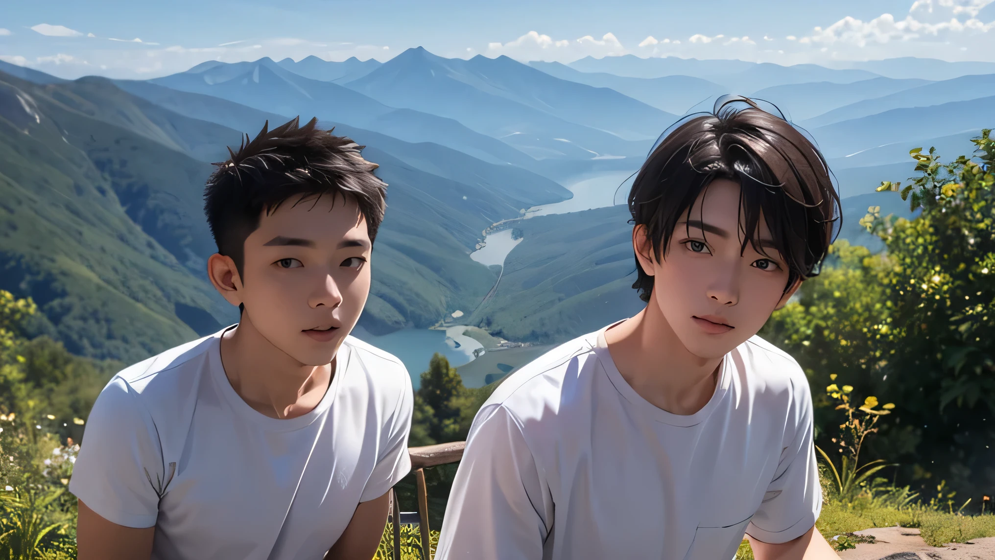 Two adult men 30 years old two handsome guys short hair dark haired whitetshirt the two have knee-length shorts and no strings Mega Bulge The background of two people standing side by side is a beautiful mountain range no building two people side by side sit on the ground front The upper body and face are big looking at the camera 笑顔 front The upper body and face are big