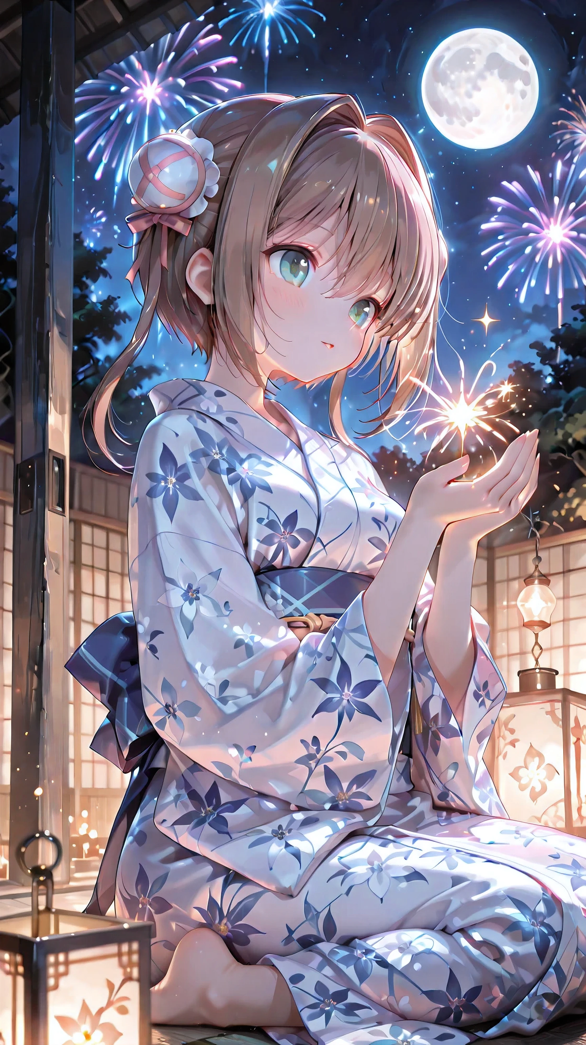 yume,(masterpiece:1.3),(Highest Quality:1.3),(absurdres:1.3),Refined modern beauty,high contrast,crisp,yume,Ultimate Details, 1 girl, Witches, Yukata, Magical fireworks floating from the palm of your hand, sparkling light, Night Sky,  full moon, Japanese style garden, lantern light,  soft light source , magic sparkle, fantasy element, summer night, moist atmosphere, delicate depiction,［LoVeRiE］