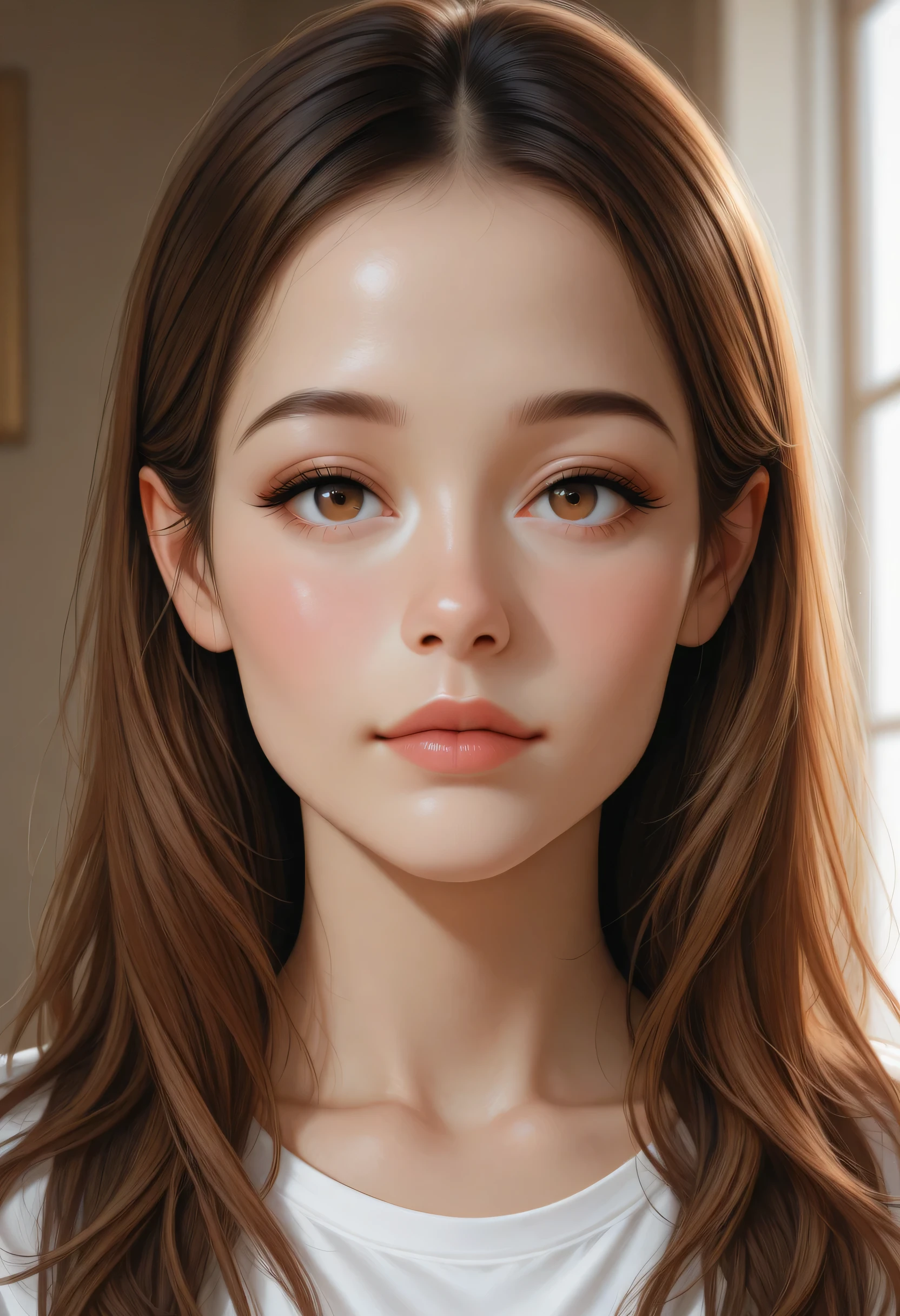 a close up of a woman with a white shirt and brown hair, portrait sophie mudd, accurate ultra realistic faces, photorealistic beautiful face, ultra - realistic faces, hyperrealistic beautiful face, ultra realistic faces, beautiful realistic face, young female face, realistic perfect face, hyper realistic faces, realistically rendered face, photorealistic faces, hyperrealistic ****, ultra realistic faceHD, (best detail), (best quality), Two-dimensional