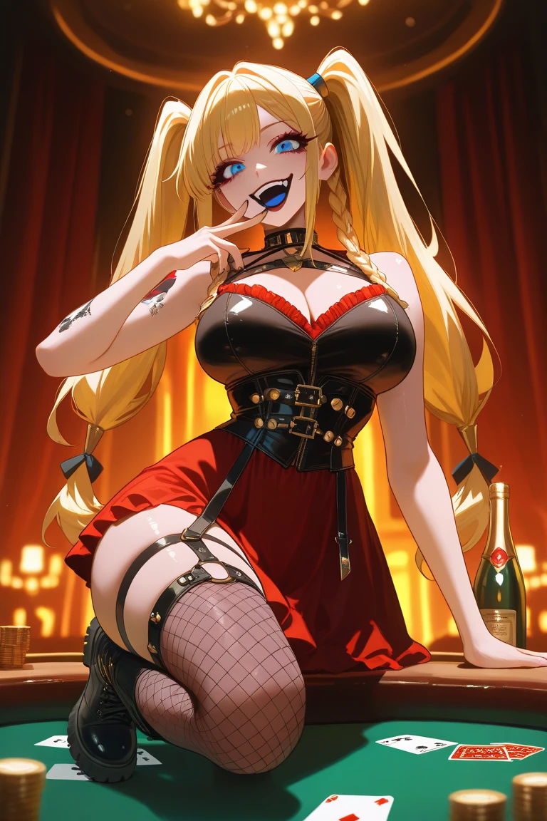 adult girl, longue blonde hair, red eyes, Red Dragon Horns, tattoo, red tight corset, open breasts, Deep wide neckline, open shoulders, Visible navel, Jeans, sitting in chair, Masterpiece, hiquality, 4k, HD, Good detail