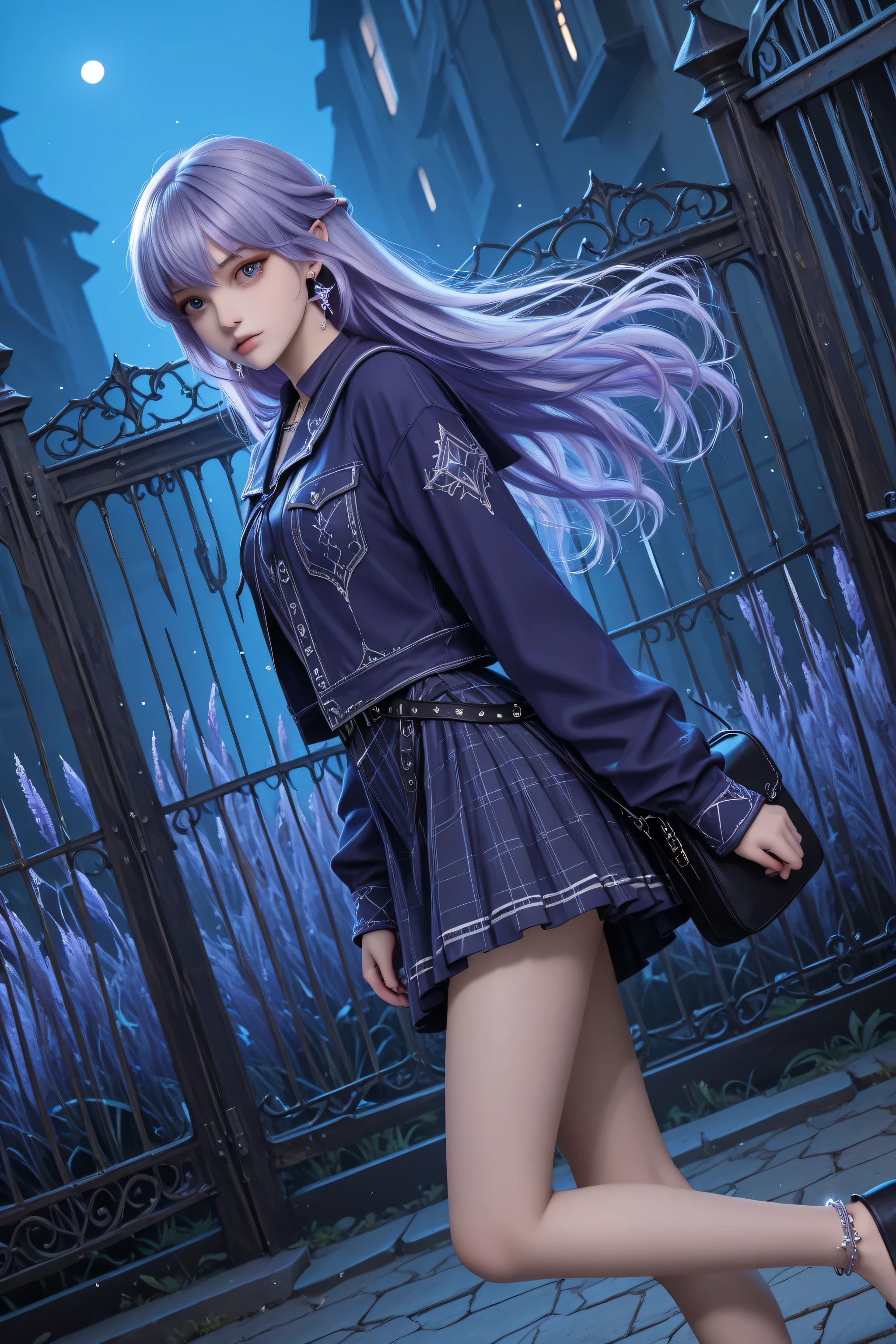 The image depicts a highly detailed and fantastical female character with striking features. She has long, flowing lavender hair. Detailed background, dutch_angle, from the side, ((Isekai Fantasy Style)), ((Grunge)), a school girl wearing a grey and violet uniform, and a medium bakpack, sparkling gemstone earrings, a silver anklet,, pensive look, high_fashion, earrings, jewelry, a lush outdoor school yard, iron fence, blue hour lighting,lazypos, SmoothNoob_Quality, Smooth Quality, masterpiece, high_quality, highres, sharp_focus, detailed_eyes, 1girl, dynamic, light_particles, cute girl, pretty face.