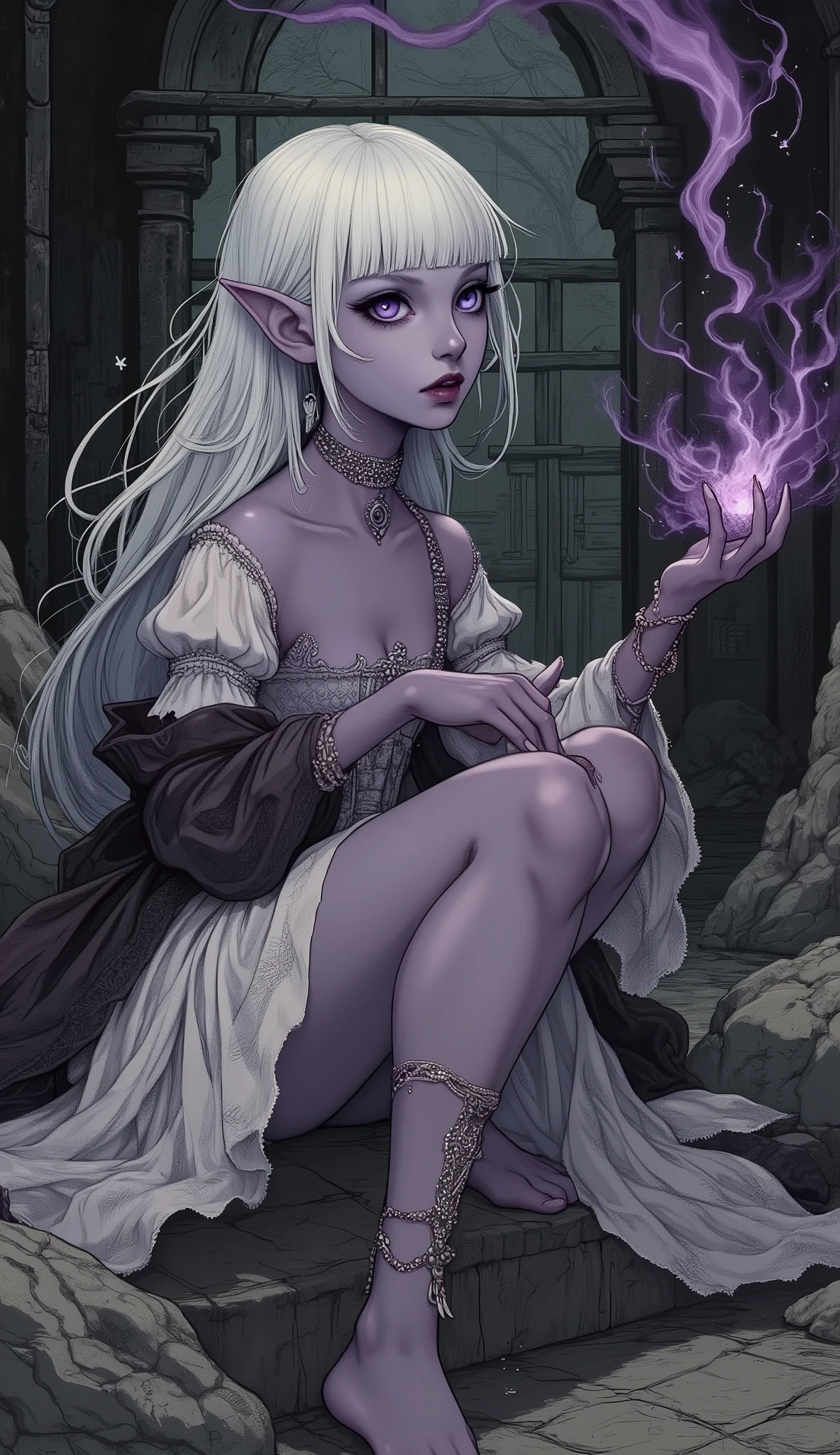 (A fusion of Ukiyo-e and dark fantasy. Aesthetic and gothic digital art. Draw a detailed face. Look away.) BREAK
(Transparent white hair. Blunt bangs. White eyebrows. Long white eyelashes. Almond-shaped eyes. Lavender-colored eyes. Thick, dark eyeliner. Small pink lips. Slightly pointed ears. Dark purple skin. Thin limbs. Thin fingers. White nails. Draw one thumb and four fingers accurately.) BREAK
(The dark elf sorceress turns sideways, planting her feet firmly. She thrusts her right hand forward, palm facing upward. In her left hand she holds a short baton, its tip resting on her right palm. A purple black hole, emitting a black aura, appears from her right palm. She opens her eyes slightly.) BREAK
(In the pitch-black underground storeroom of medieval Spain, the dark elf sorceress wears medieval court-style undergarments, her bare ankles adorned with beaded anklets. The scene is depicted from a viewpoint looking up at her from the floor.)