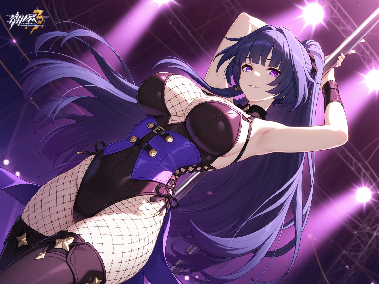 ((best quality)), ((illustration)), (beautiful detailed eyes), finely detailed, masterpiece, Iris Heart, (hyperdimension Neptunia) 1girl, depth of field, focus on face, very close to viewers, outside, sunny, smug, grin, evil, adult, mature, woman, tall, looking down, red glowing eyes, long purple hair, sadistic, stomp, whip, boobs, waist, standing, pose, thick thighs, stars looking at viewer,