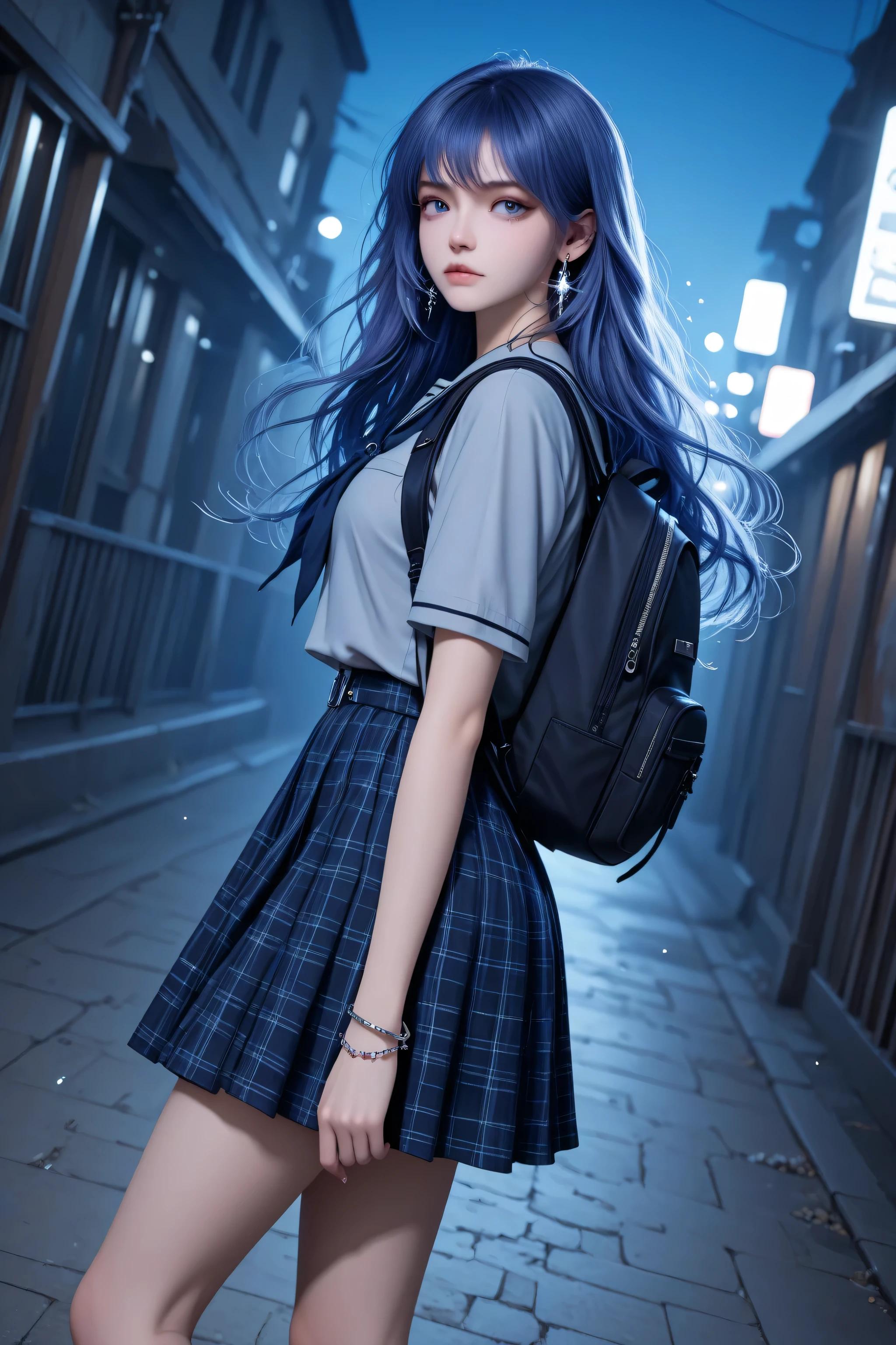 The image depicts a highly detailed and fantastical female character with striking features. She has long, flowing hair. Detailed background, dutch_angle, from the side, ((Grunge)), a school girl wearing a grey and violet uniform, knee-length skirt, and a medium backpack, sparkling gemstone earrings, a silver anklet, pensive look, high_fashion, earrings, jewelry, a lush outdoor school yard, blue hour lighting,lazypos, SmoothNoob_Quality, Smooth Quality, masterpiece, high_quality, highres, sharp_focus, detailed_eyes, 1girl, dynamic, light_particles, cute girl, pretty face.
