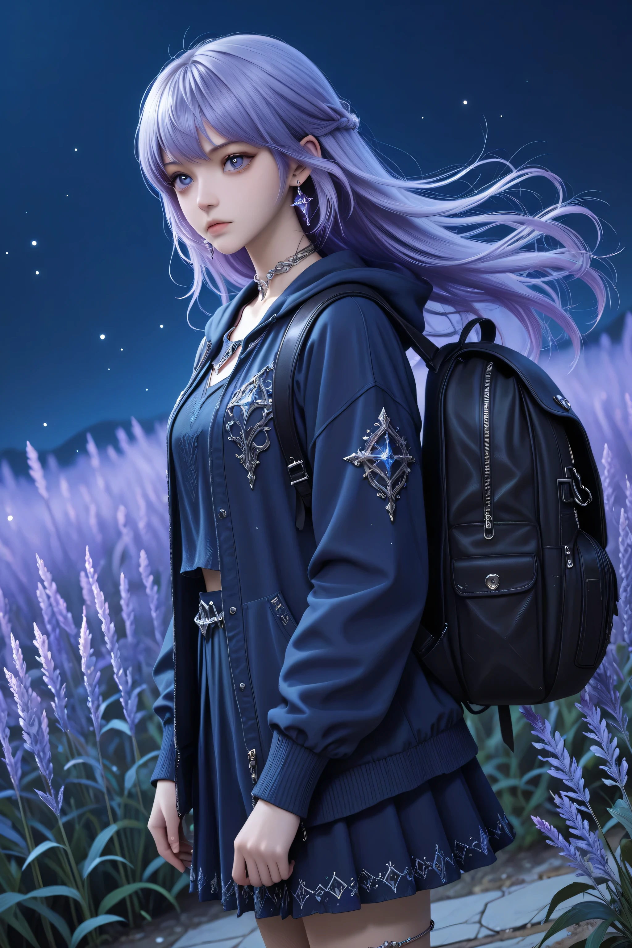 The image depicts a highly detailed and fantastical female character with striking features. She has long, flowing lavender hair. Detailed background, dutch_angle, from the side, ((Isekai Fantasy Style)), ((Grunge)), a school girl wearing a grey and violet uniform, and a medium backpack, sparkling gemstone earrings, a silver anklet, pensive look, high_fashion, earrings, jewelry, a lush outdoor school yard, blue hour lighting,lazypos, SmoothNoob_Quality, Smooth Quality, masterpiece, high_quality, highres, sharp_focus, detailed_eyes, 1girl, dynamic, light_particles, cute girl, pretty face.