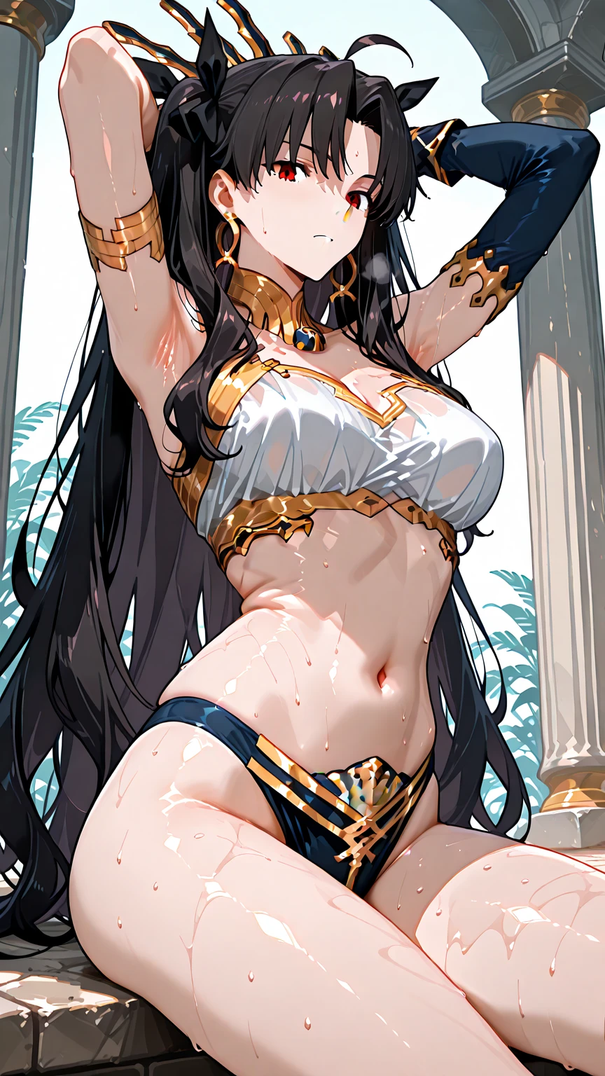 masterpiece, best quality, highres, aaishtar, long hair, two side up, hair ribbon, tiara, parted bangs, hoop earrings, jewelry, bare shoulders, neck ring, bikini, single sleeve, detached sleeves, single thighhigh, black thighhighs, <lora:ishtar_(fate)_v1:0.7>, standing, cowboy shot
