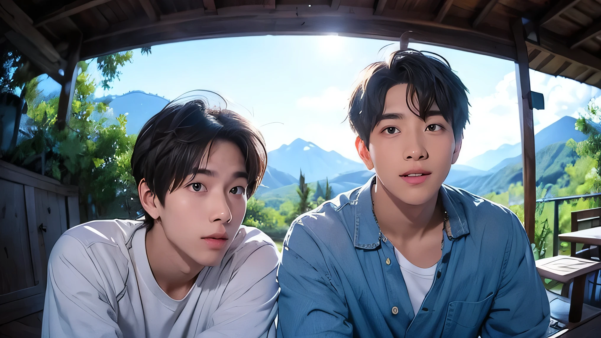 Two adult men　　　Two handsome Japanese guys　short hair　dark haired　　　whiteｔshirt　　the two have knee-length shorts and no strings　The background of two people standing side by side is a beautiful mountain range　no building　　two people side by side　　sit on the ground　front　The upper body and face are big　　　looking at the camera　笑顔 front　The upper body and face are big