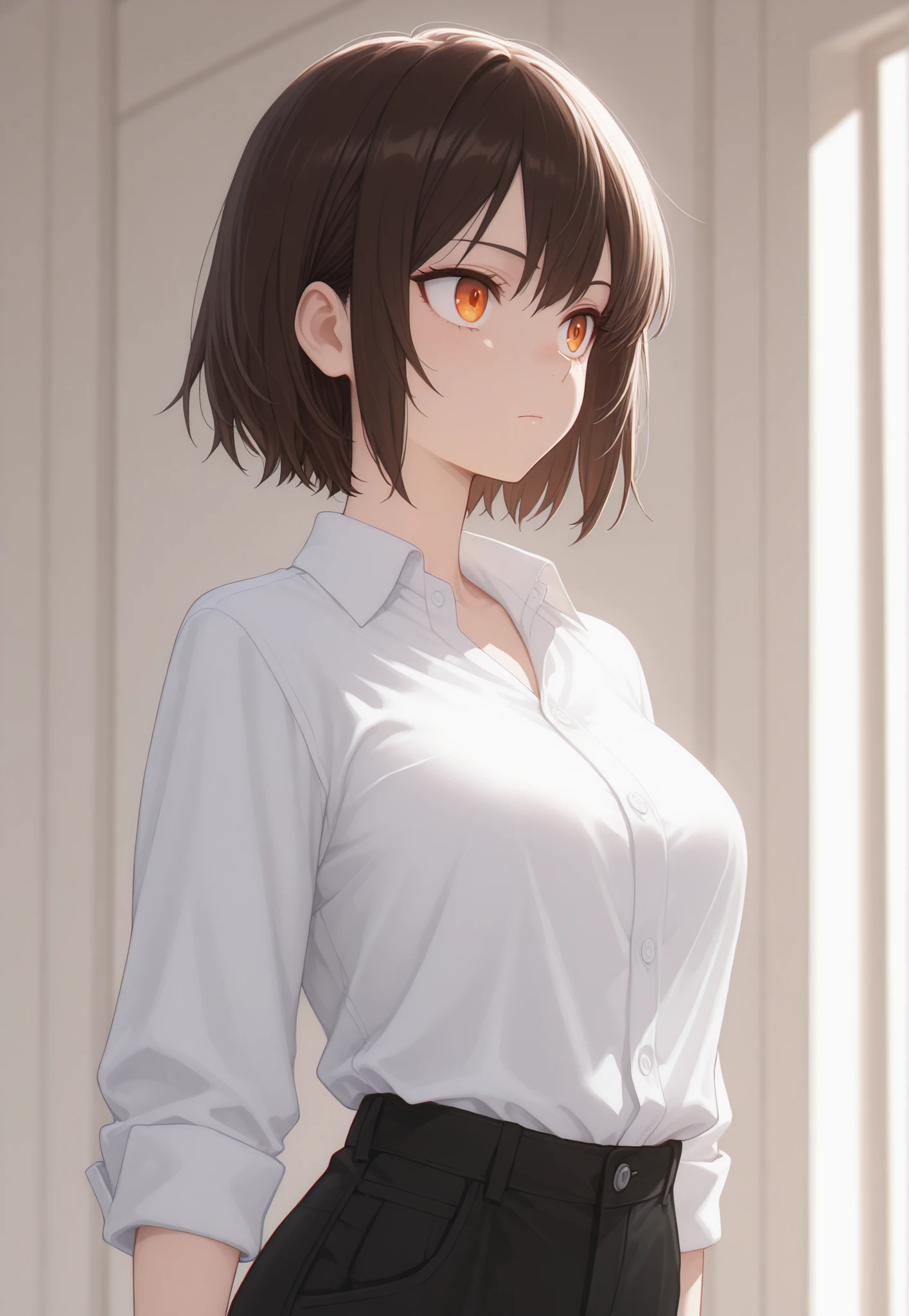 Masterpiece, Good Resolution, HD Quality, Newest. Good Anatomy. Good Lighting, Safe. Beautiful, Anime, Japanese Girl, Delicate Features. Dark Brown Hair and Short Hair, Hairstyle. Intense Orange Eyes. Fair Skin, Medium Breast Size C, Slim Build. She Is 20 Years Old, She Is 1'59 cm Tall. Wearing Clothes:White Button Down Shirt and Black Pants. Alone, Staring. Background:Simple White Color.