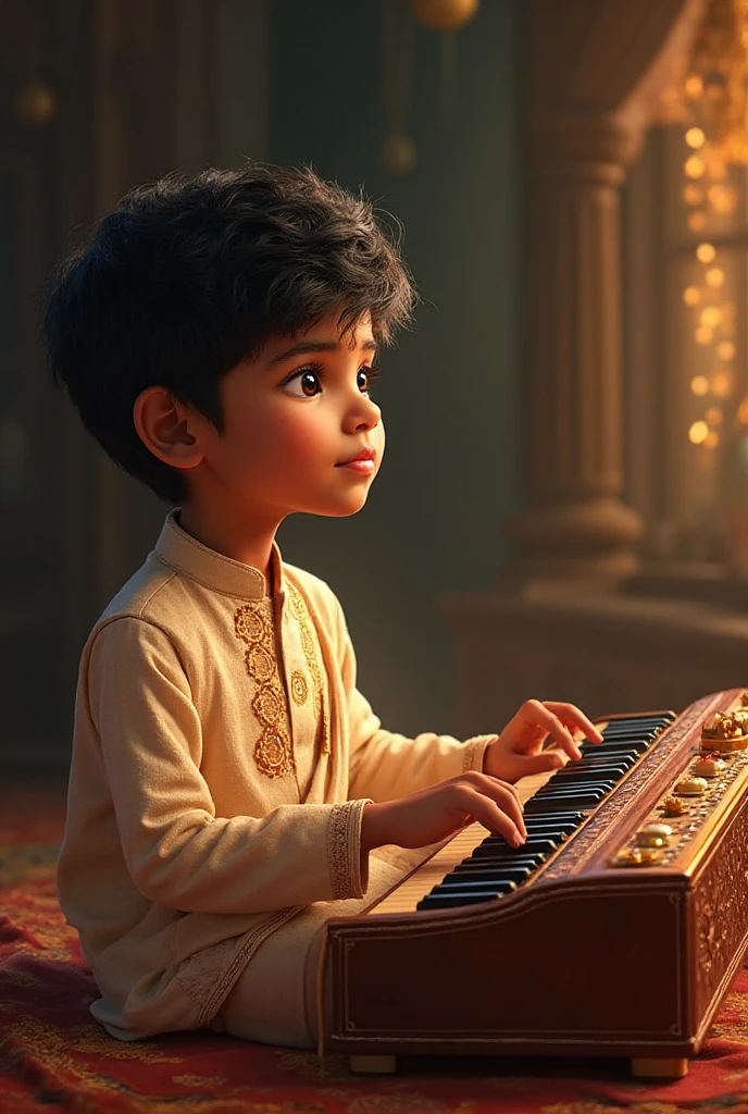 Indian boy singing song with holding microphone.