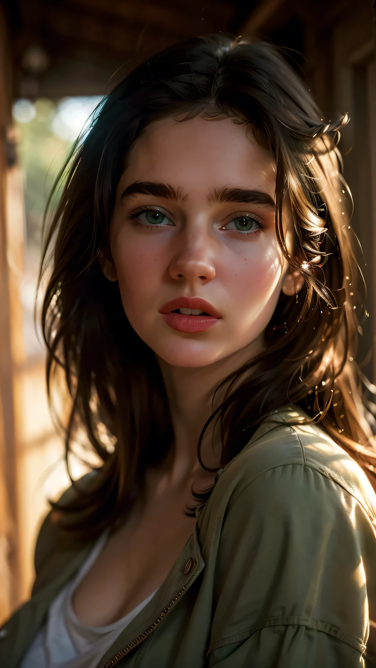 Brunette long hair, young, smile , green eyes, white pale skin, ((Jennifer Connelly)), portrait, casual Blue and Brown clothes, (Shy), elegant, gorgeous face, Room of wood, High detail RAW colored art,  (detailed skin, skin texture), hotel atmosphere, (muscle), (detailed skin,  skin texture), intricate details, fine details, hyperdetailed, ray tracing, subsurface scattering, diffuse soft lighting, shallow depth of field, by (Oliver Wetter) Atey Ghailan, by Jeremy Mann, Greg Manchess, Antonio Moro, trend at ArtStation, trend at CGSociety, Intricate, High Detail, Sharp focus, dramatic and photorealistic painting art by midjourney and greg rutkowski, bokeh in the background, green jacket, best quality, masterpiece, 1girl, Halfbody portrait, natural bright ambient, look at the viewer, Brown t-shir, jeans, Blue bomber jacket