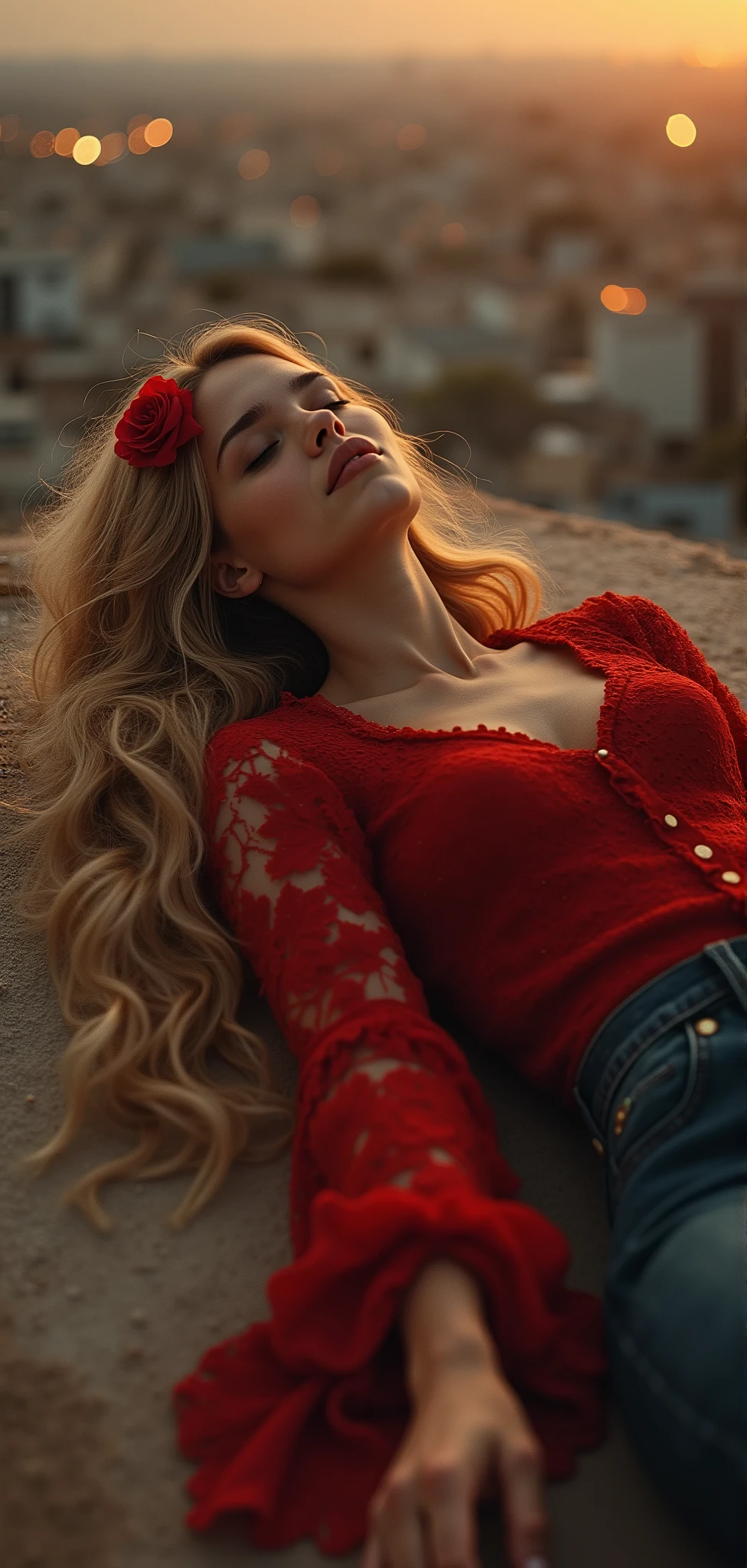 He created a painting in the style of Leonardo da Vinci, showing a blonde woman with long hair decorated with a red rose, evoking natural beauty, the details of the image in 8K resolution. She is lying on her back . ( The style of her sleeping on her back is elegant and graceful.) . It embodies beauty and elegance. . She wore a red lace shirt with buttons and tight jeans that reveal her shape with a sophisticated artistic touch and black leather shoes. The scene takes place over an Arabic button on the roof of the house ( should show the woman's full body in the picture.) Her legs are wide apart and the scene from the front . The background shows the atmosphere of the city streets and the lights during the sunset. Its expression is calm and wise, with a sense of beauty and timeless femininity. . The painting must capture a harmonious blend of elegance, sophistication and realistic anatomy. The painting is characterized by the style of the artist Leonardo da Vinci. The scene is filmed by Umm