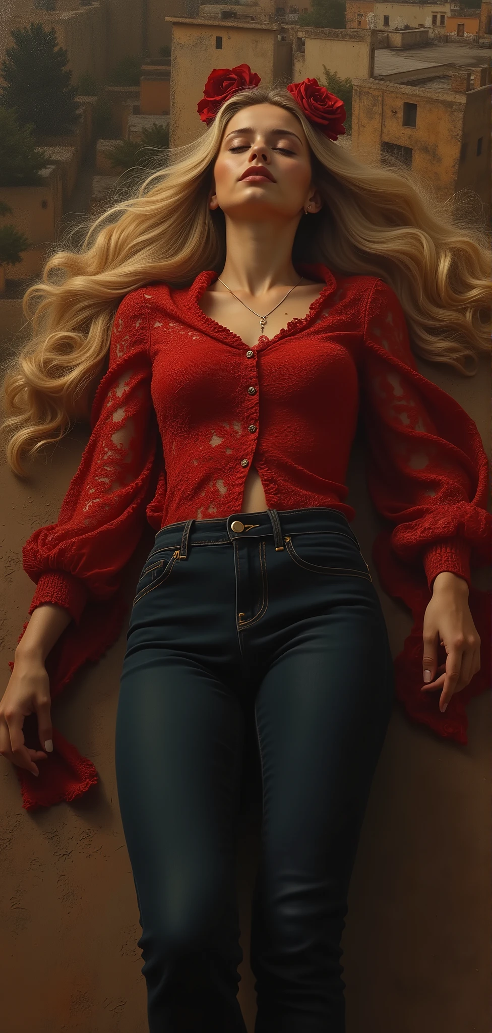 He created a painting in the style of Leonardo da Vinci, showing a blonde woman with long hair decorated with a red rose, evoking natural beauty, the details of the image in 8K resolution. She is lying on her back . ( The style of her sleeping on her back is elegant and graceful.) . It embodies beauty and elegance. . She wore a red lace shirt with buttons and tight jeans that reveal her shape with a sophisticated artistic touch and black leather shoes. The scene takes place over an Arabic button on the roof of the house ( should show the woman's full body in the picture.) Her legs are wide apart and the scene from the front . The background shows the atmosphere of the city streets and the lights during the sunset. Its expression is calm and wise, with a sense of beauty and timeless femininity. . The painting must capture a harmonious blend of elegance, sophistication and realistic anatomy. The painting is characterized by the style of the artist Leonardo da Vinci. The scene is filmed by Umm